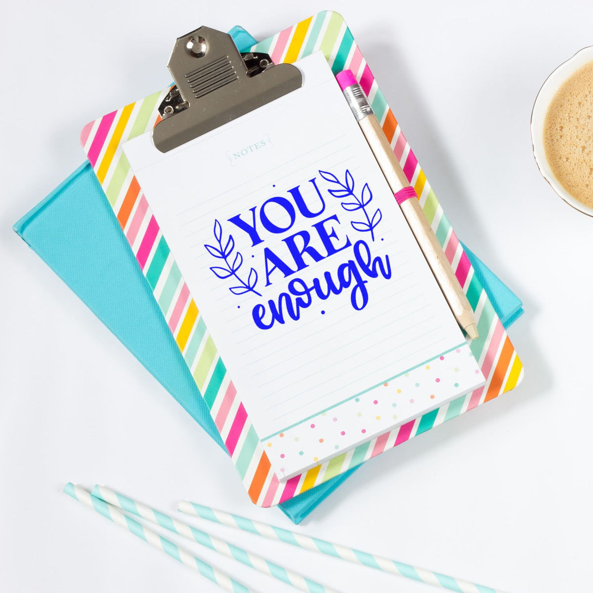 Inspirational rubber stamp design with You Are Enough on a clipboard, perfect for planners, journaling, and handmade stationery.