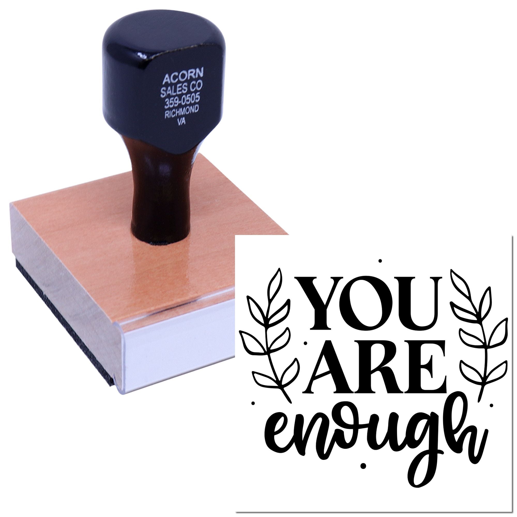 Custom motivational rubber stamp with You Are Enough leafy floral design.