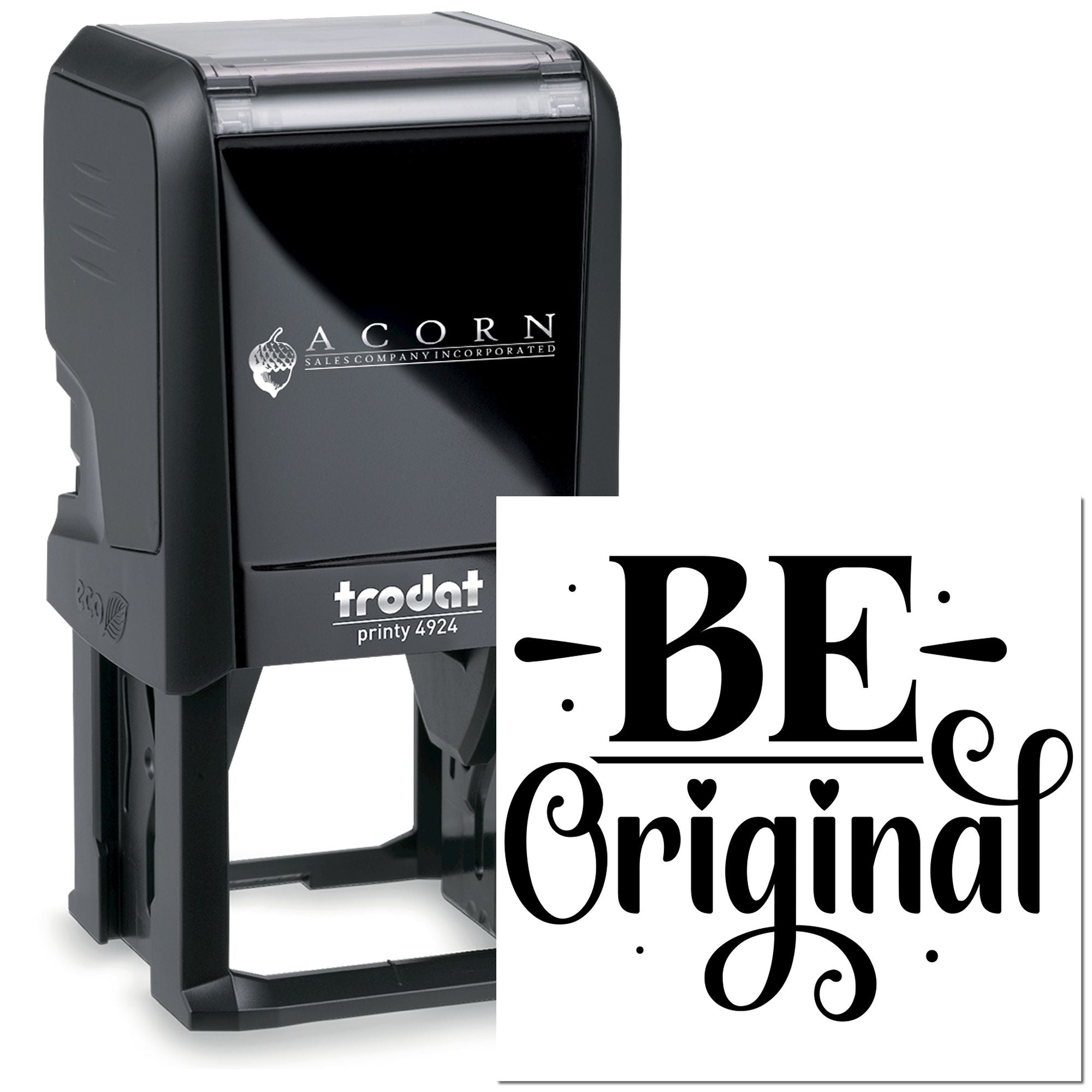Custom self-inking rubber stamp with bold Be Original imprint, ideal for personalized branding and craft projects.