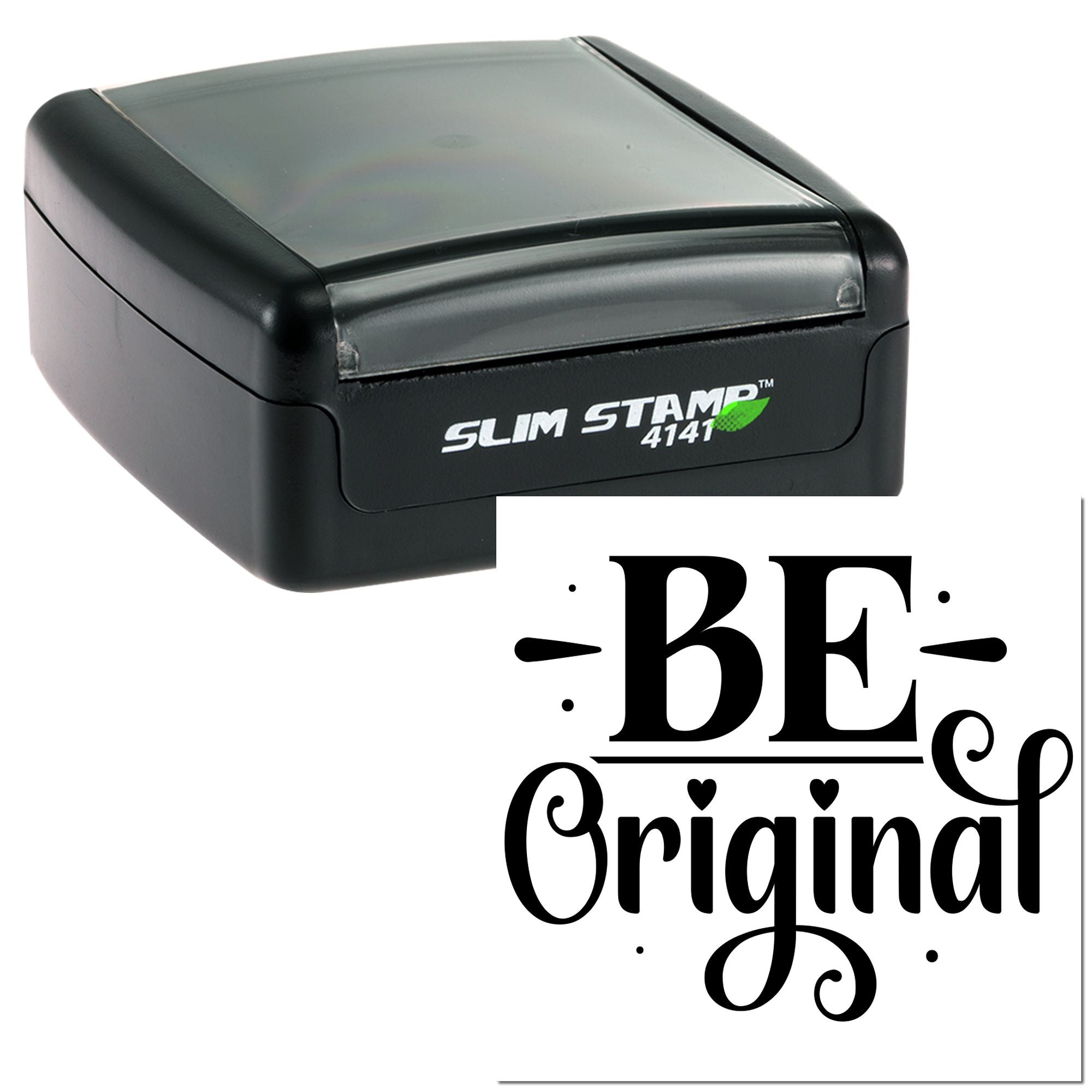Self-inking rubber stamp with Be Original design for custom stationery, crafts, and branded business impressions.