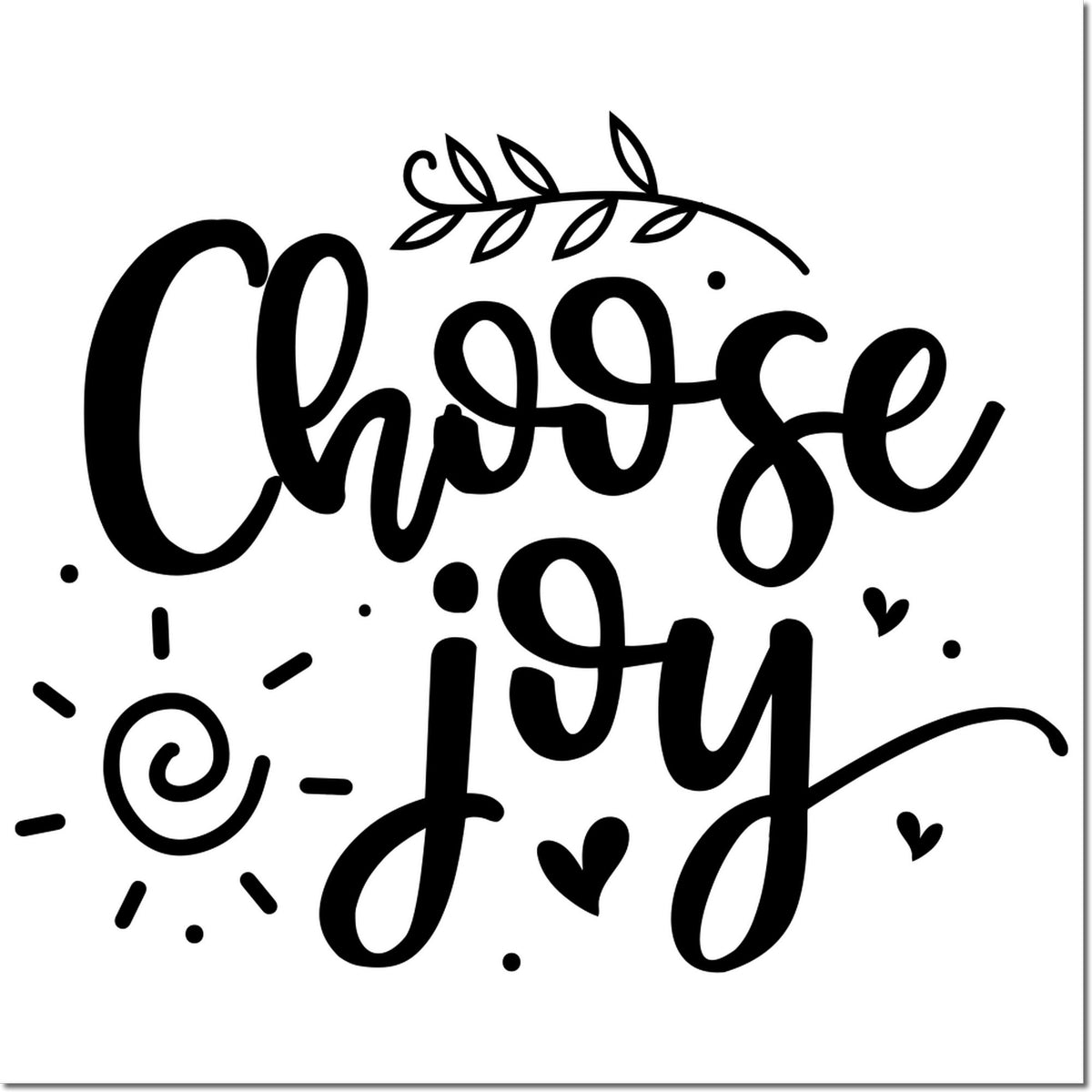 Choose Joy rubber stamp design with hand-lettered script, leafy accent and playful hearts for uplifting cards and crafts.