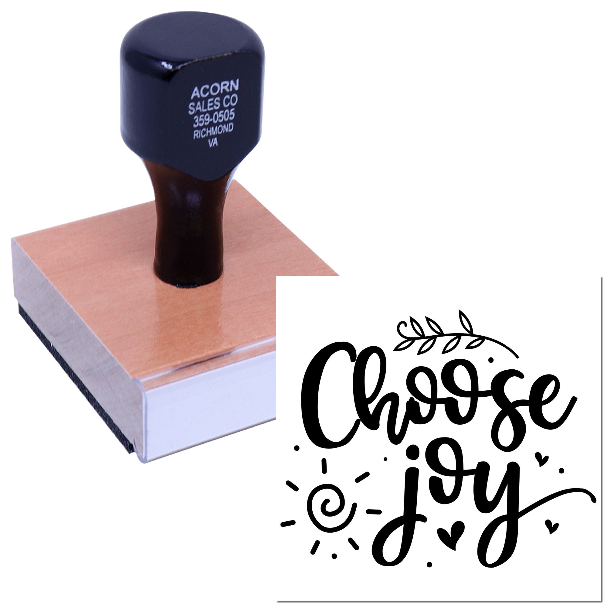 Wood-handled rubber stamp with Choose Joy script design for handmade cards, crafts, and inspirational branding.