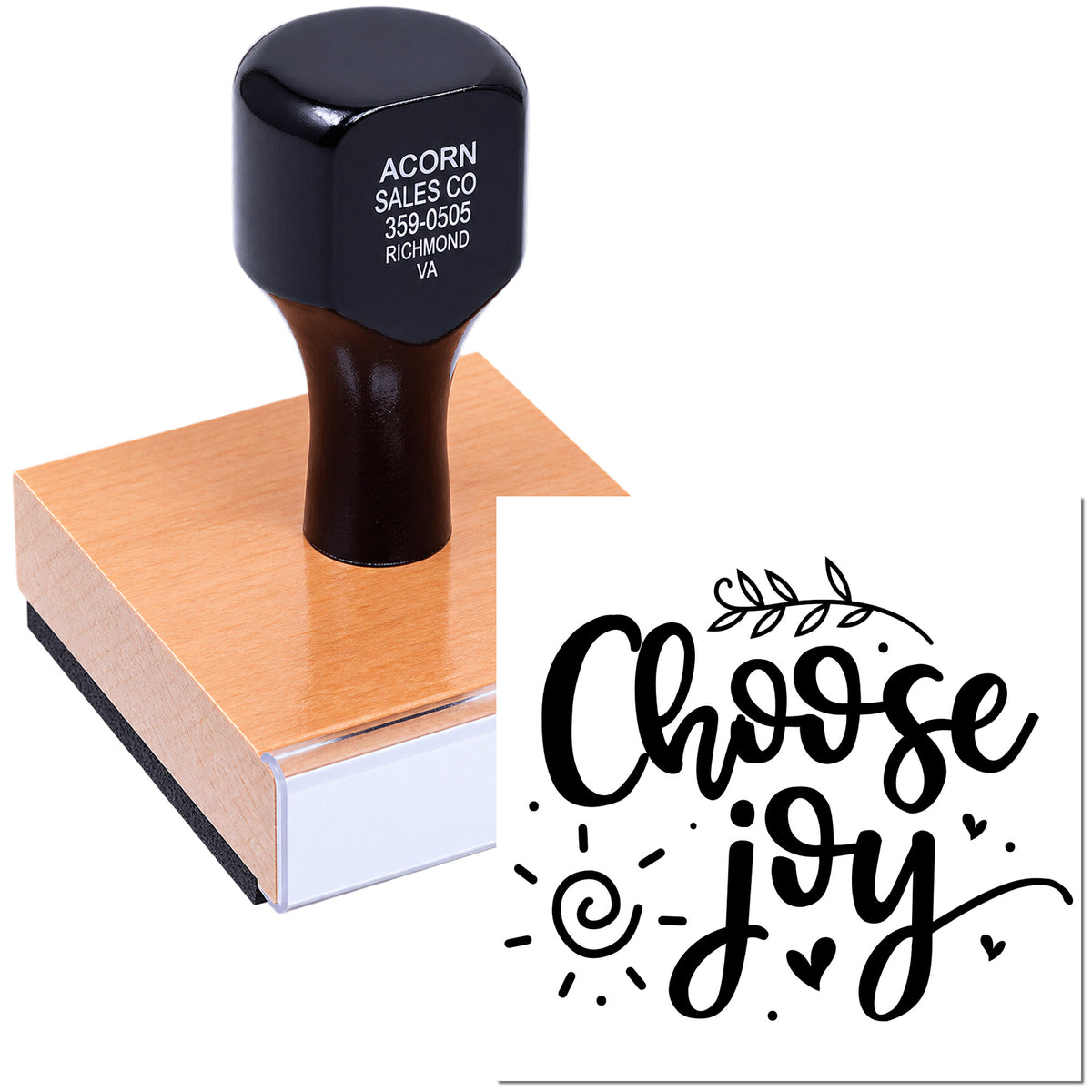 Wood-handled rubber stamp with Choose Joy script design for handmade cards, crafts, and inspirational branding.