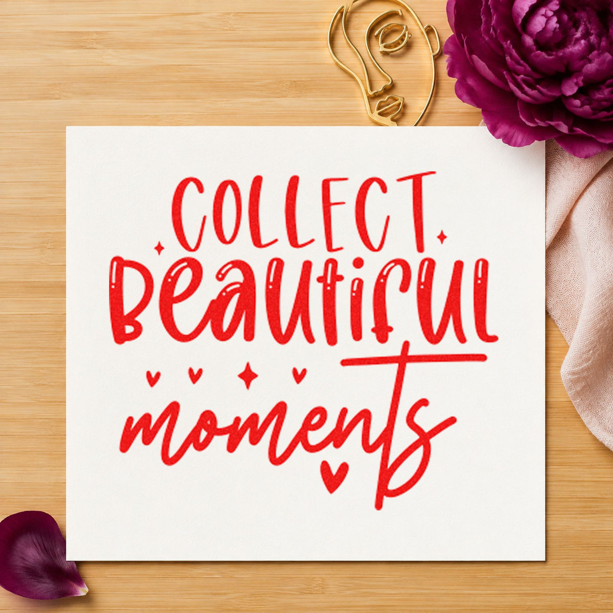 Collect Beautiful Moments Hearts rubber stamp shown in red ink, stamped for projects such as box month labels.