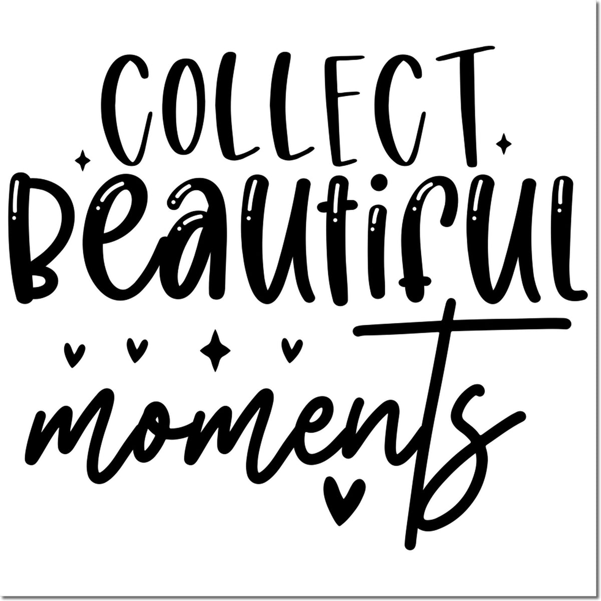 Collect Beautiful Moments rubber stamp design with hearts and sparkles for scrapbooking, journaling, and gift packaging.