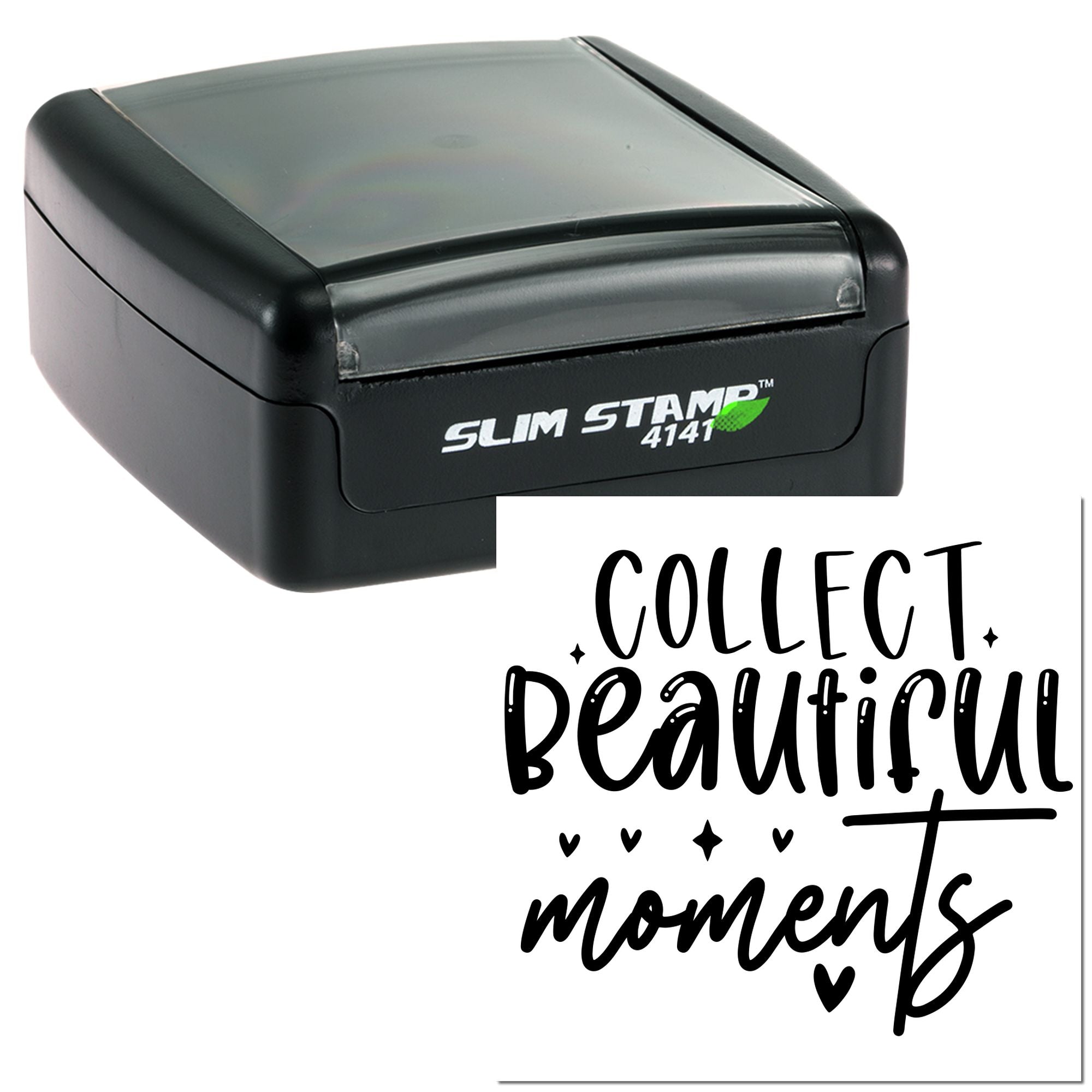 Self-inking rubber stamp with Collect Beautiful Moments quote for scrapbooking, journaling, and handmade gifts.