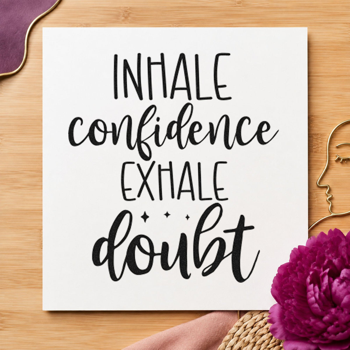 Inhale Confidence Exhale Doubt rubber stamp printed in black ink, ready for match score sheet and similar paper crafts.