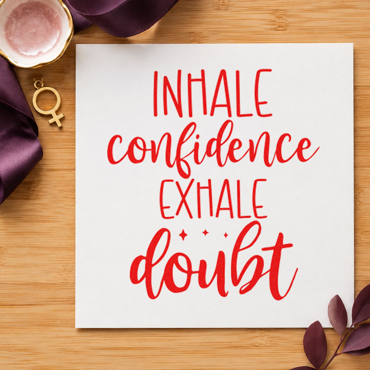 Inhale Confidence Exhale Doubt rubber stamp shown in red ink, stamped for projects such as case dart labels.