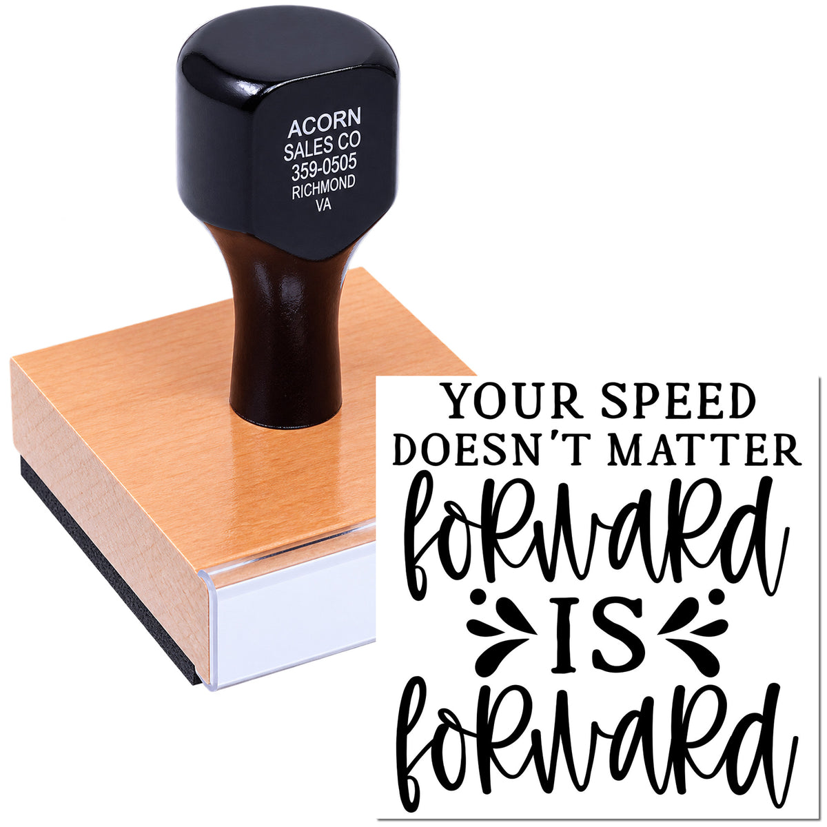 Custom rubber stamp with motivational quote Your speed doesnt matter, forward is forward for inspiring notes and packaging.