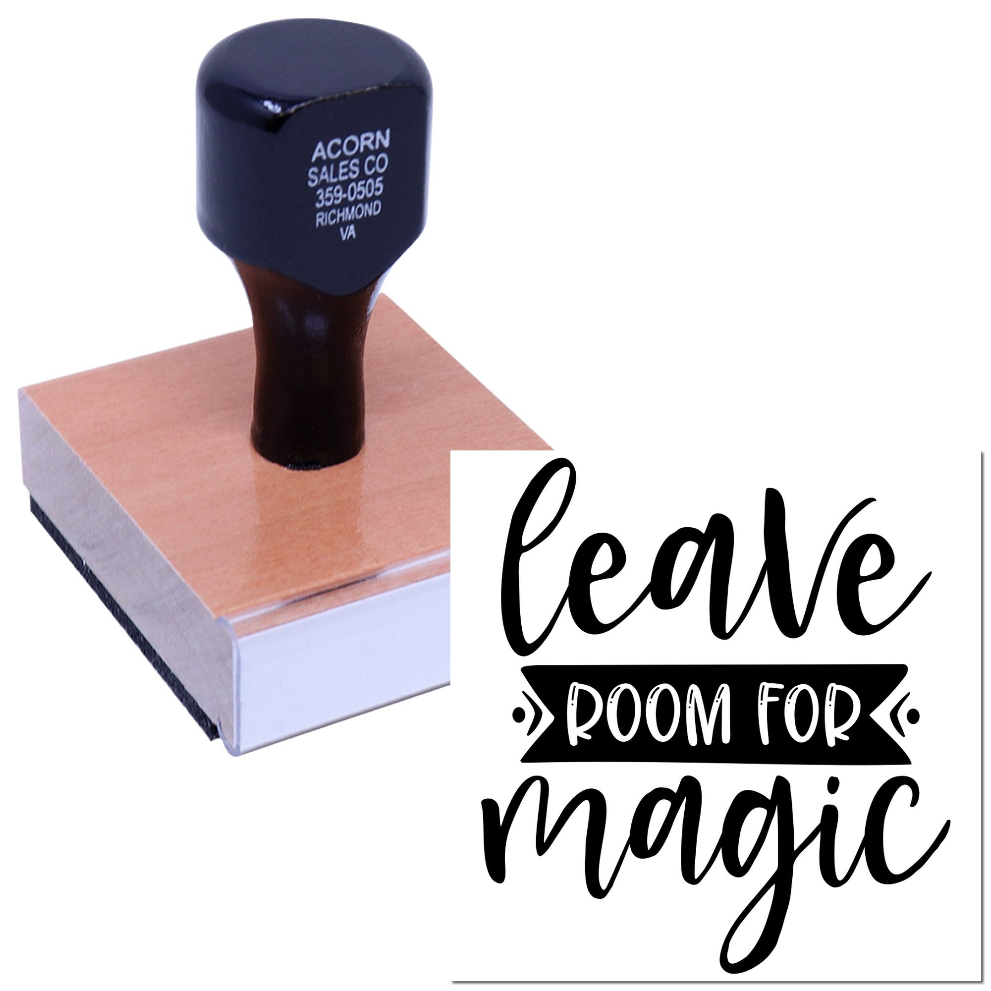 Wood-mounted custom rubber stamp with Leave Room for Magic quote for crafts, packaging, and small business branding.