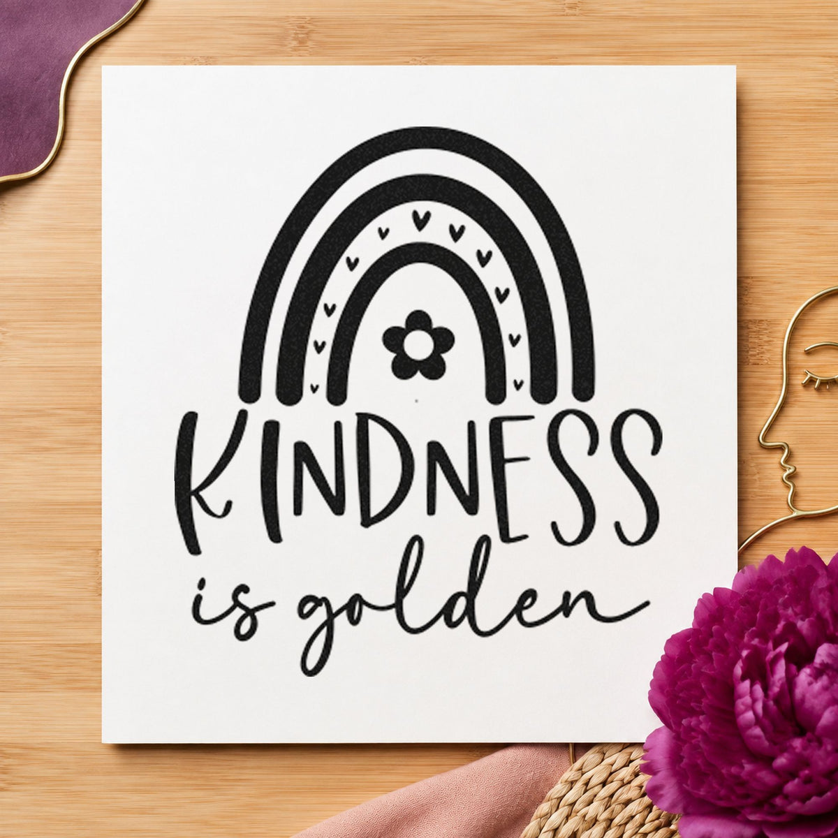 Kindness Is Golden Rainbow craft stamp in black ink on cardstock, an easy option for first cut album page.