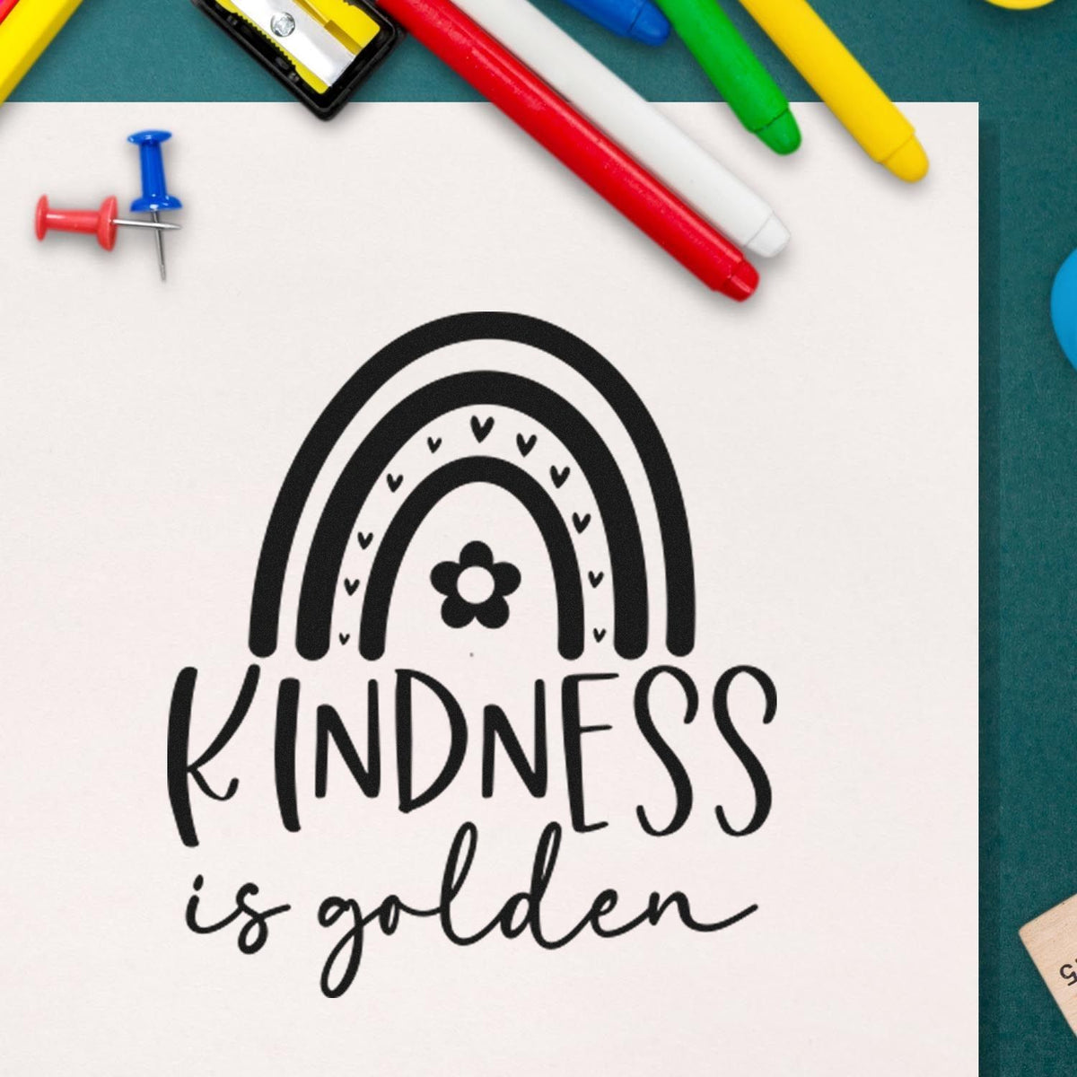 Kindness is Golden rainbow rubber stamp design for classroom crafts, teacher gifts, and motivational stationery