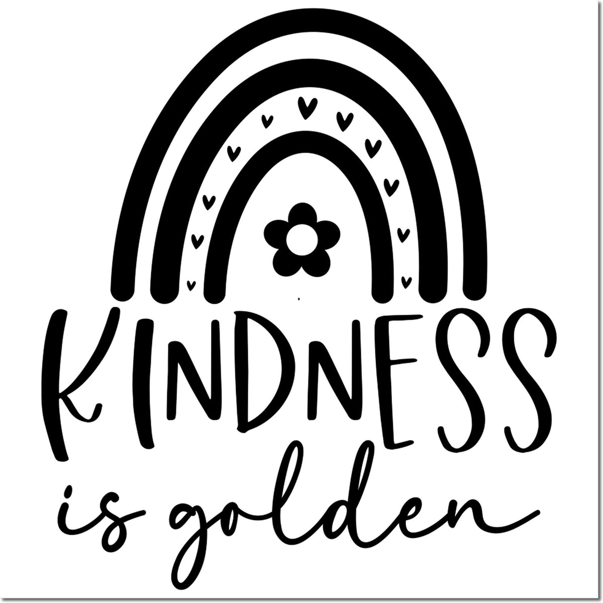 Kindness is golden rainbow rubber stamp design with hearts and flower, perfect for uplifting cards, crafts, and teacher gifts.