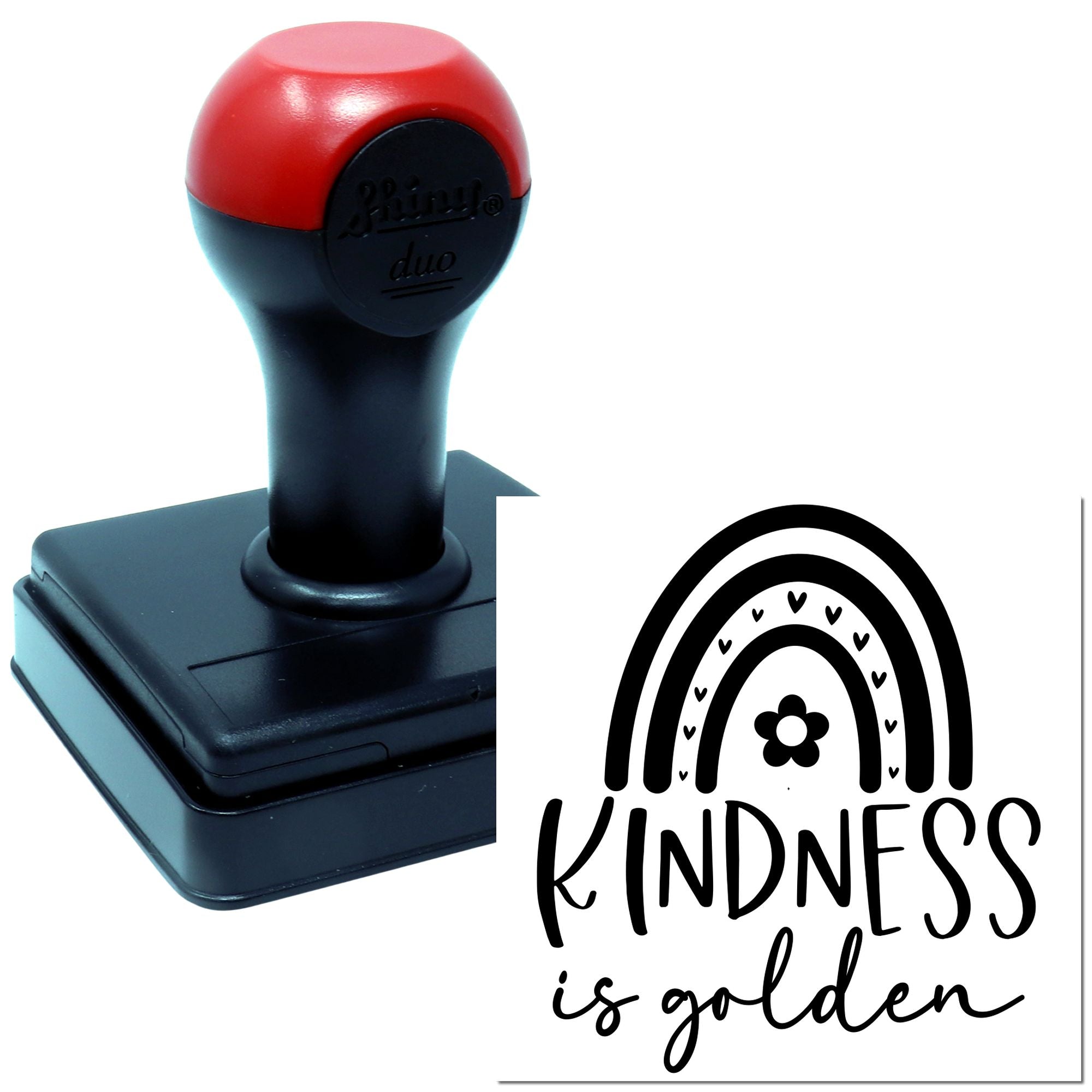 Self-inking rubber stamp with Kindness is golden rainbow and hearts design for inspirational custom stamping.