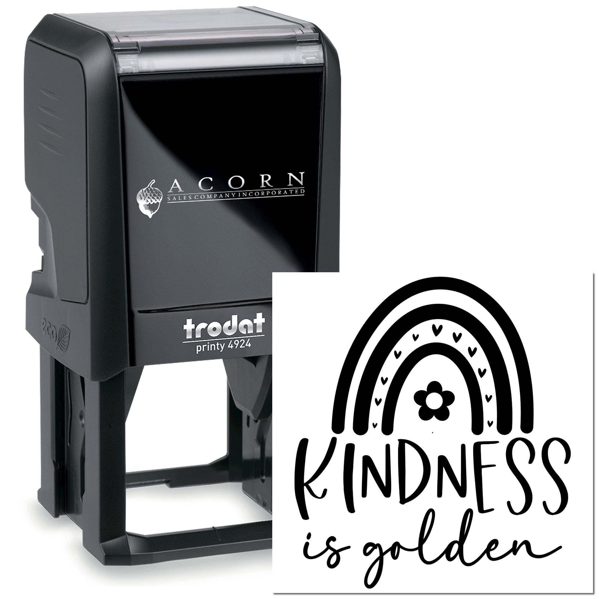 Custom self-inking rubber stamp with Kindness is golden rainbow design, Trodat Printy 4924 for personalized stamps.