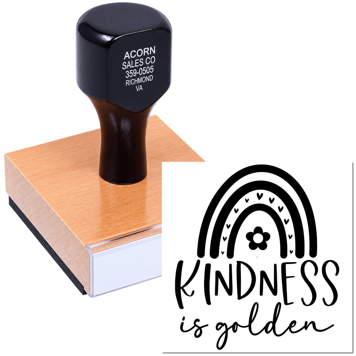 Custom rubber stamp for Kindness is Golden with rainbow and flower design, ideal for handmade cards and crafts.