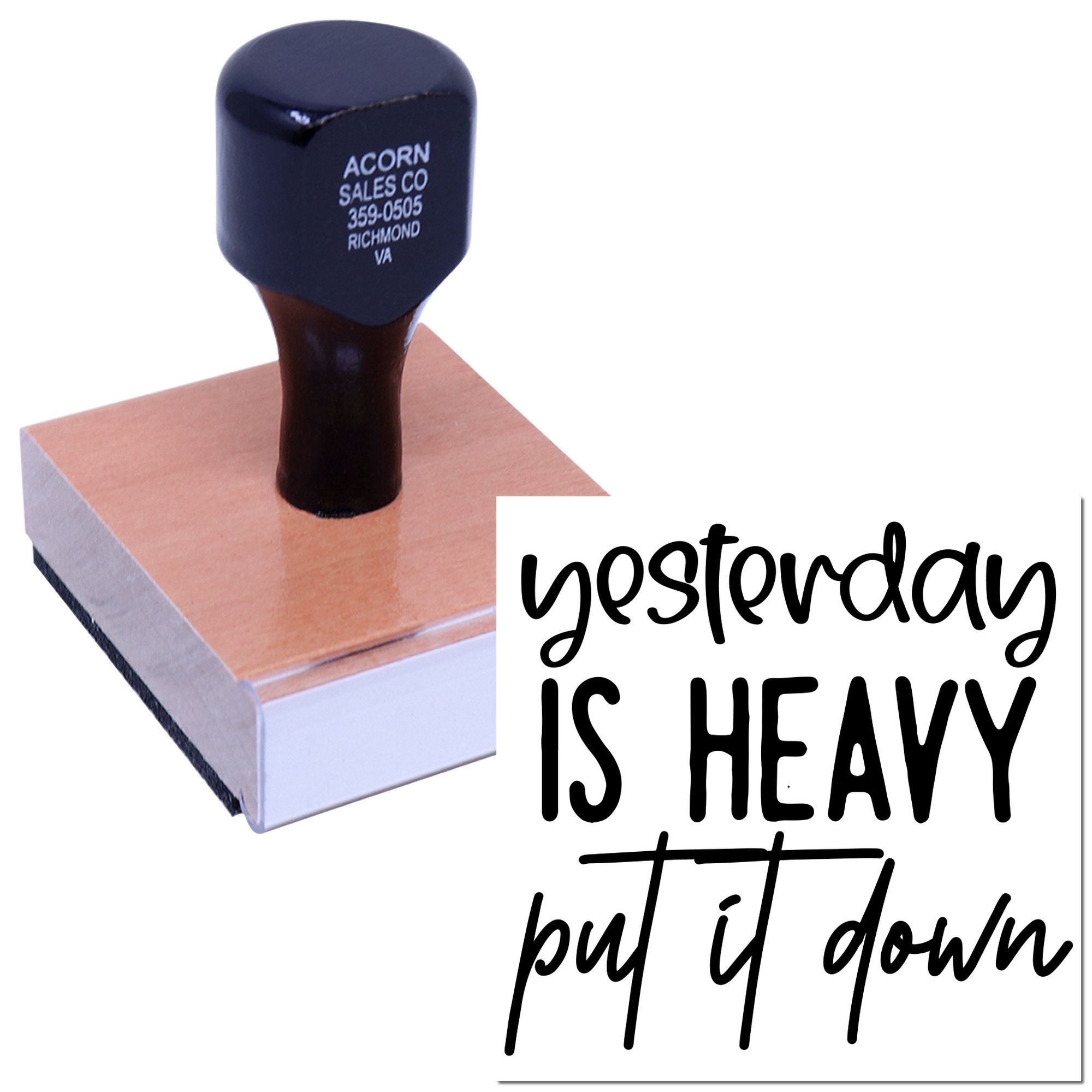 Heavy-duty custom rubber stamp with hand-lettered motivational quote for business branding and craft projects.