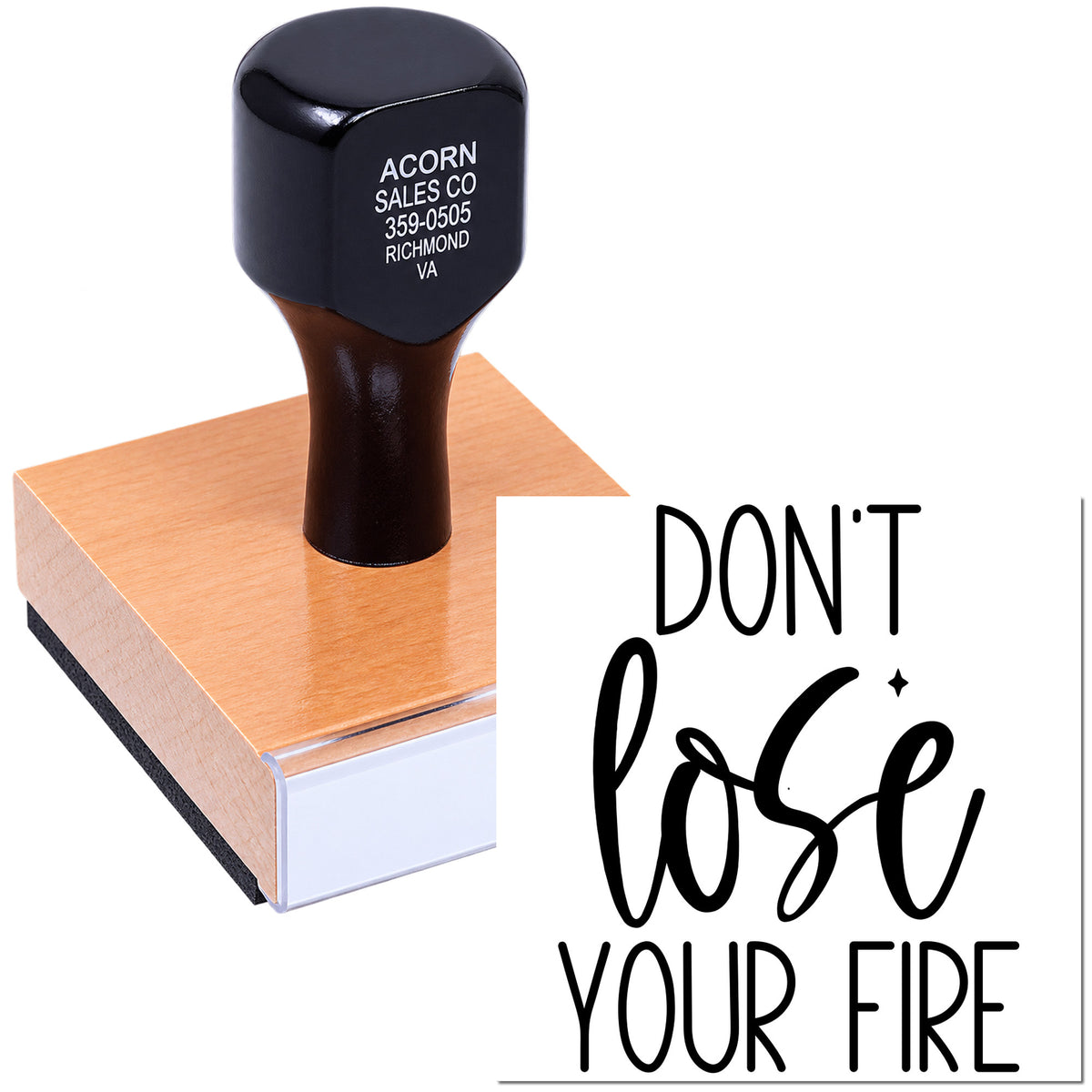 Custom rubber stamp with Dont Lose Your Fire design on wooden block for crafting, branding and packaging.