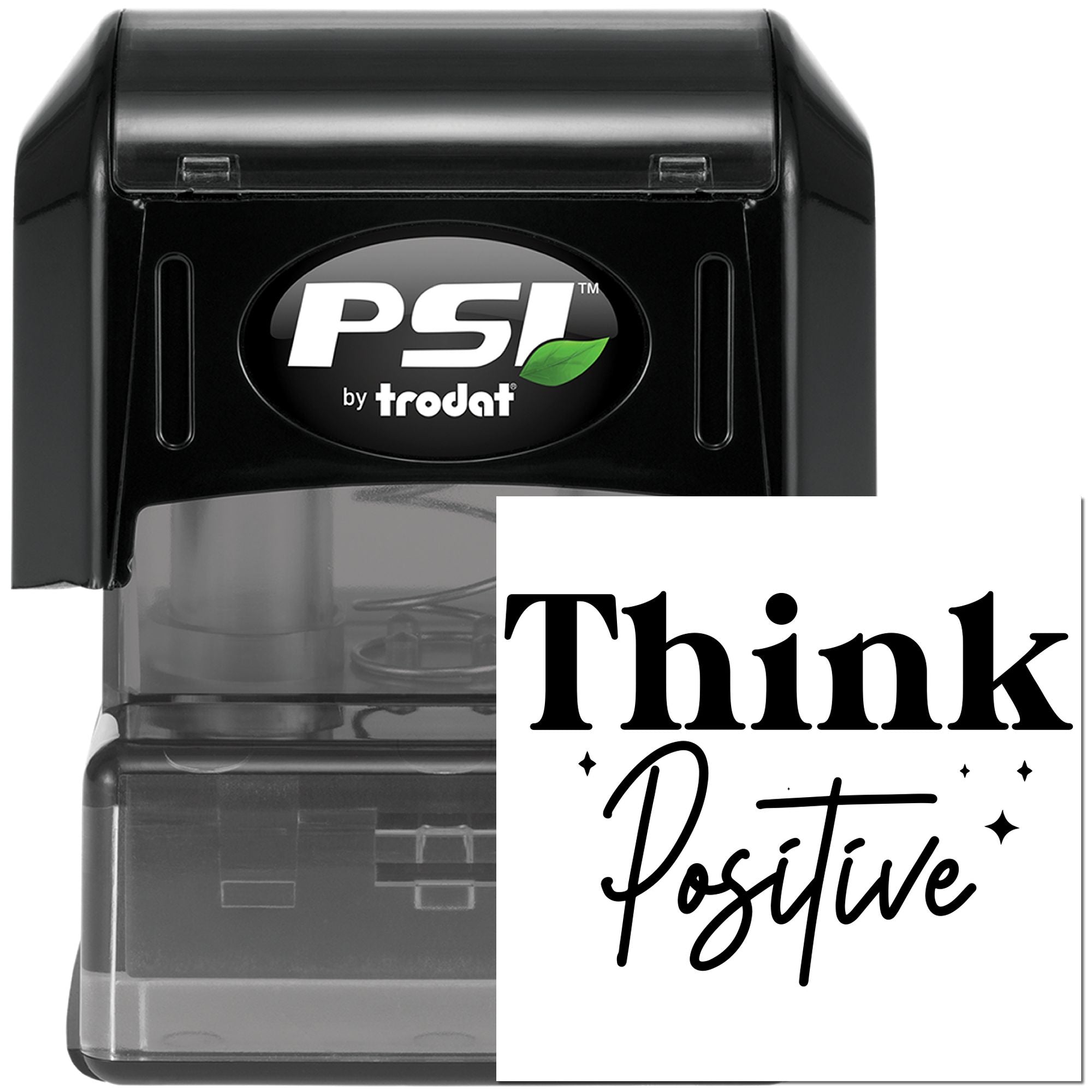 Think Positive self-inking rubber stamp by PSI Trodat for office, business, and custom motivational rubber stamping.