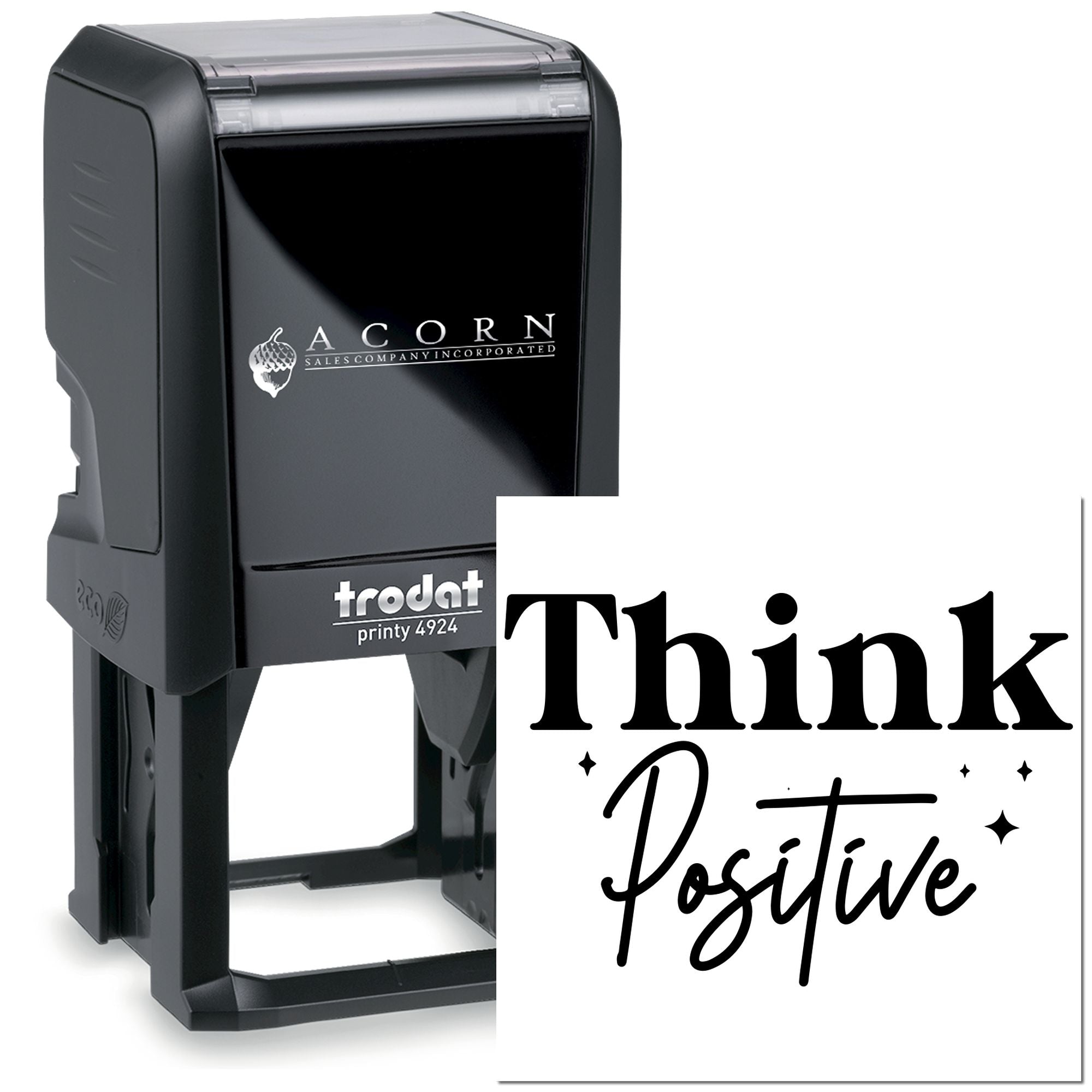 Custom self-inking rubber stamp with Think Positive impression for motivational branding and office use.