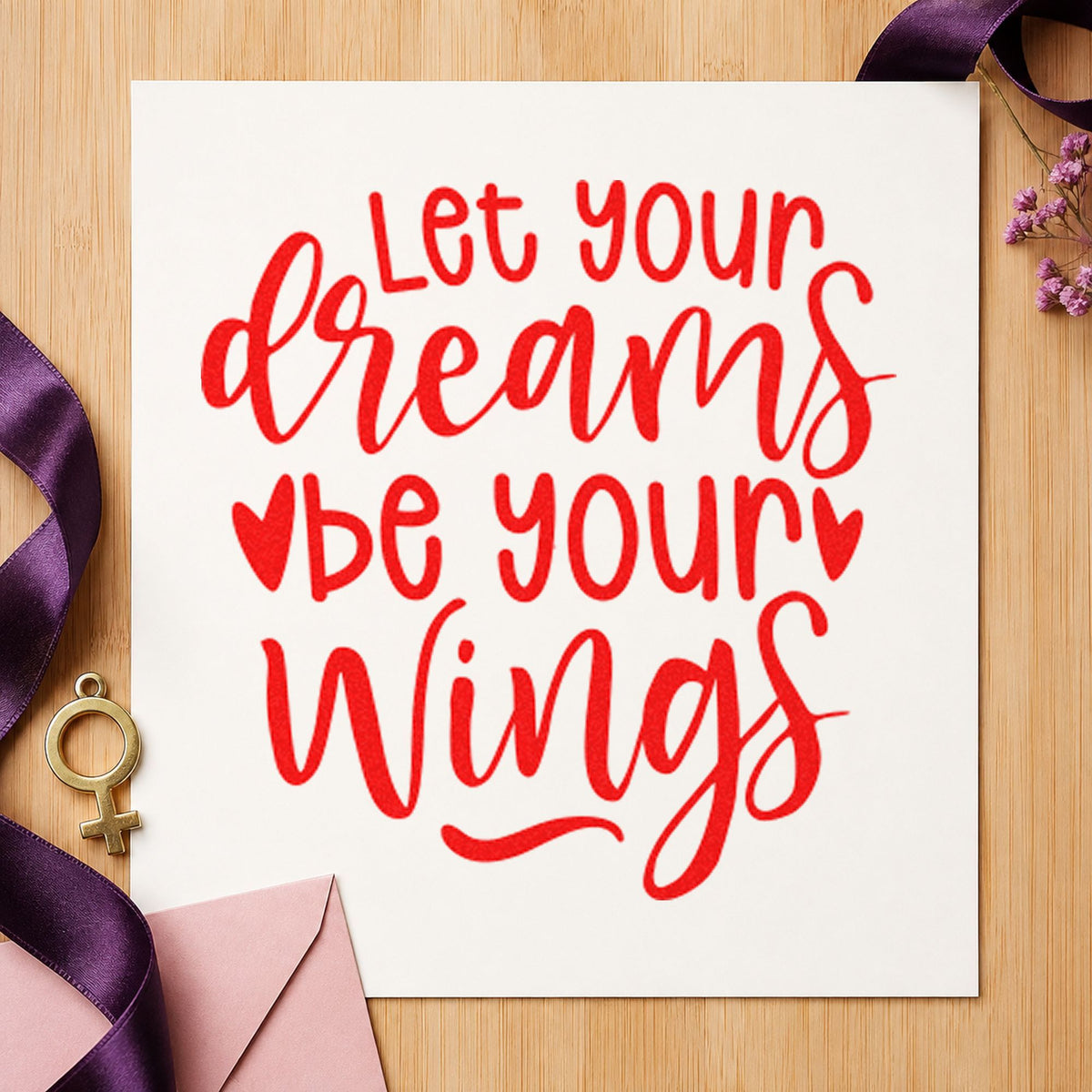 Dreams Be Your Wings rubber stamp shown in red ink, stamped for projects such as bin part labels.