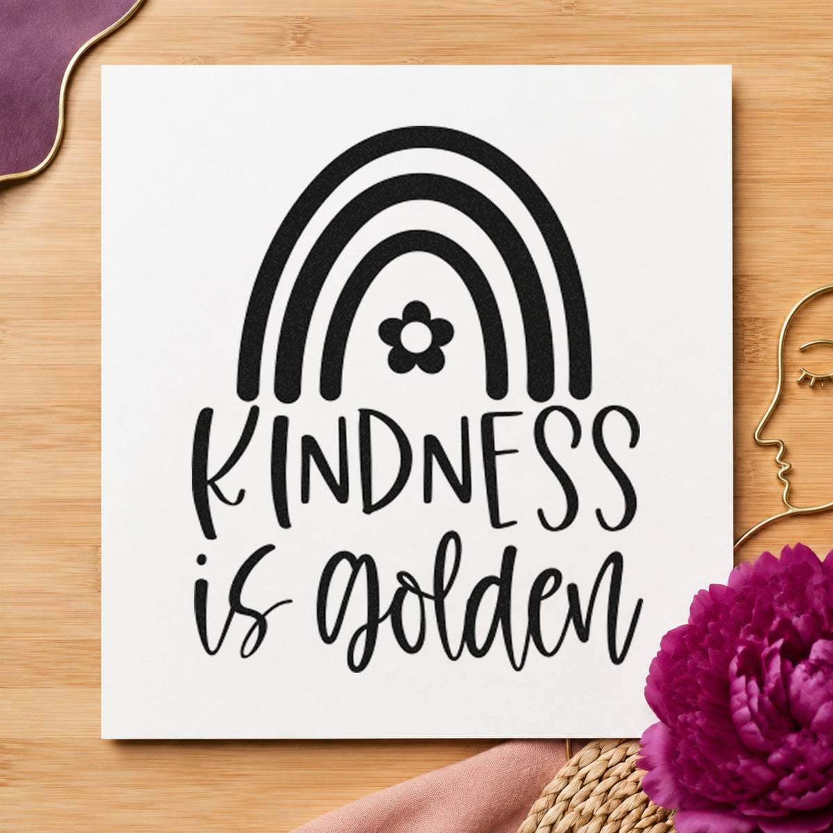 Kindness Golden Flower Rainbow craft stamp in black ink on cardstock, an easy option for playground album page.
