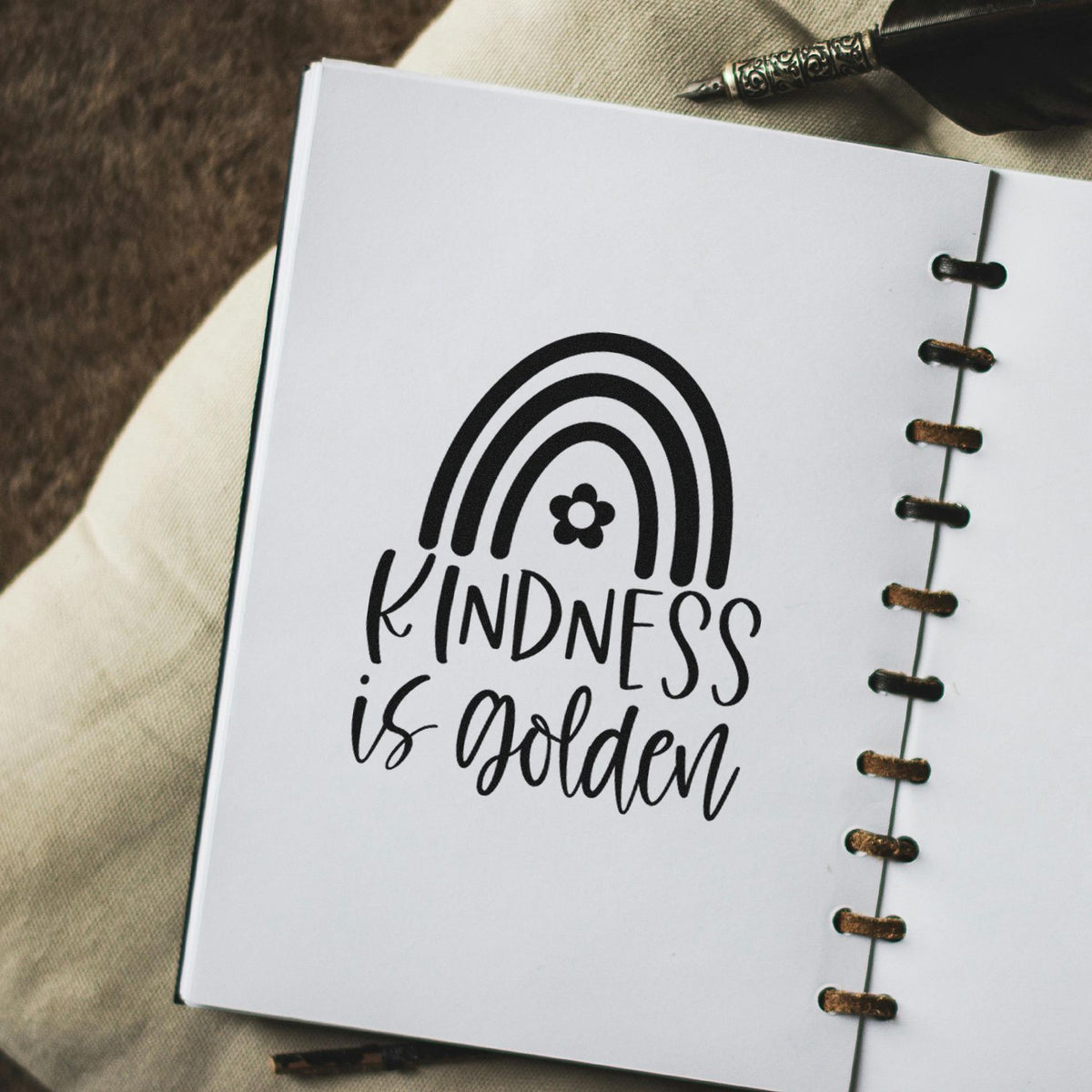 Inspirational rubber stamp with Kindness is Golden rainbow design for journals, planners, and handmade stationery.
