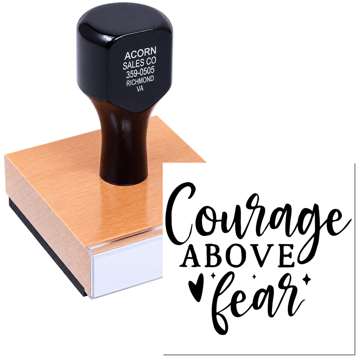 Custom wood rubber stamp with Courage Above Fear phrase for motivational crafting, branding, and handmade projects.
