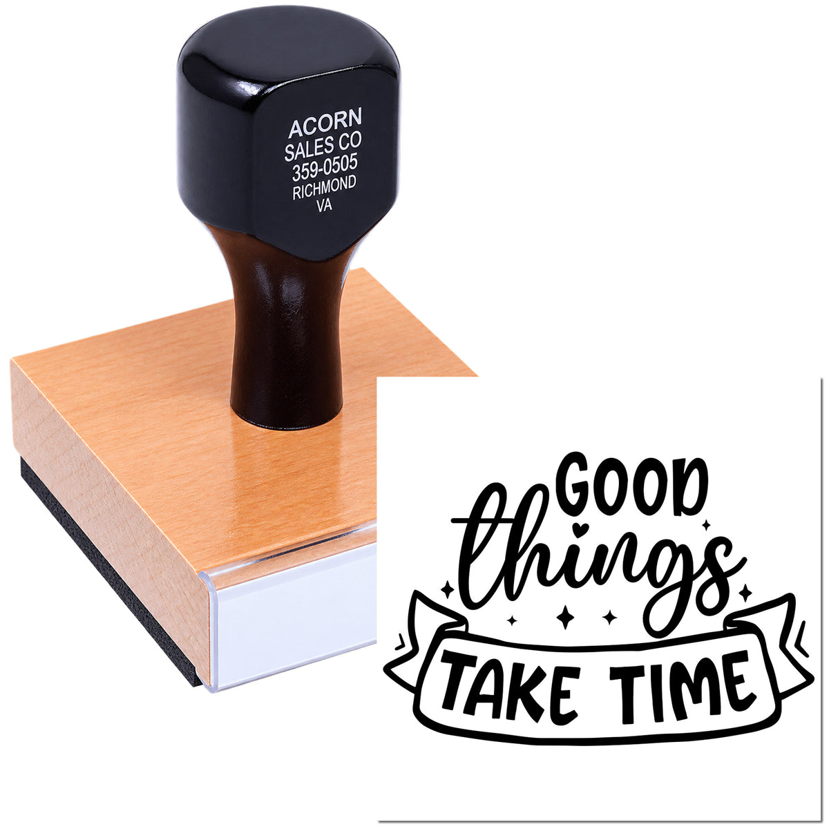 Custom rubber stamp with Good Things Take Time design, ideal for branding, packaging, crafts, and handmade business products.