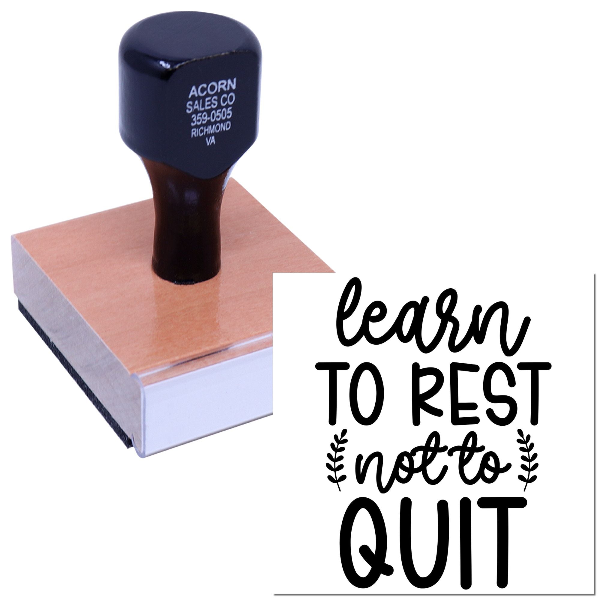 Custom rubber stamp with motivational quote Learn to rest not to quit for planners, journals, and handmade crafts.