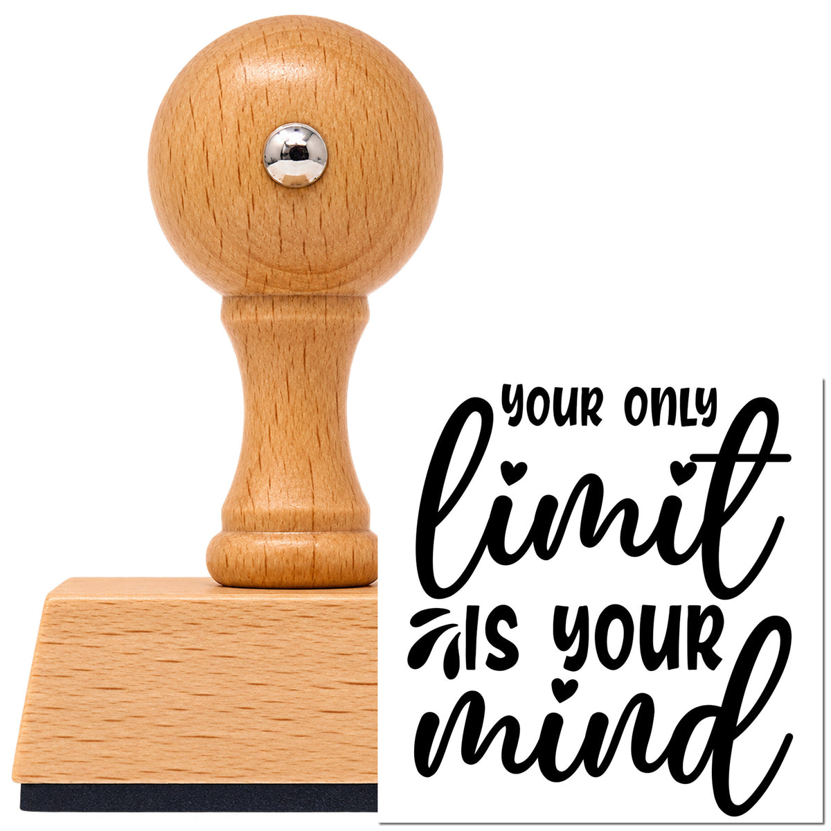 Your Only Limit Is Your Mind Vintage Pro rubber stamp in European beech wood with a round knob handle, shown beside its black imprint.