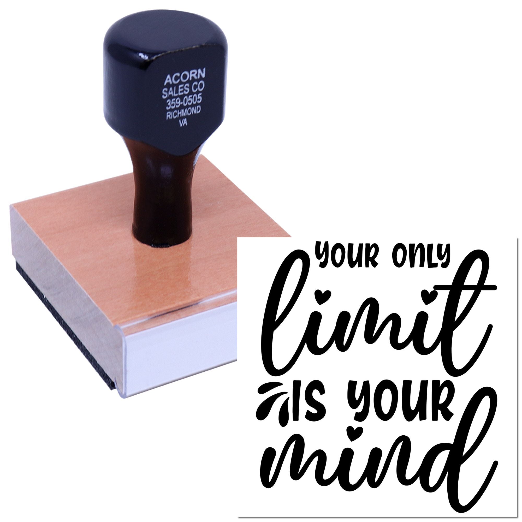 Custom rubber stamp with motivational quote Your only limit is your mind for personalized craft and business use.