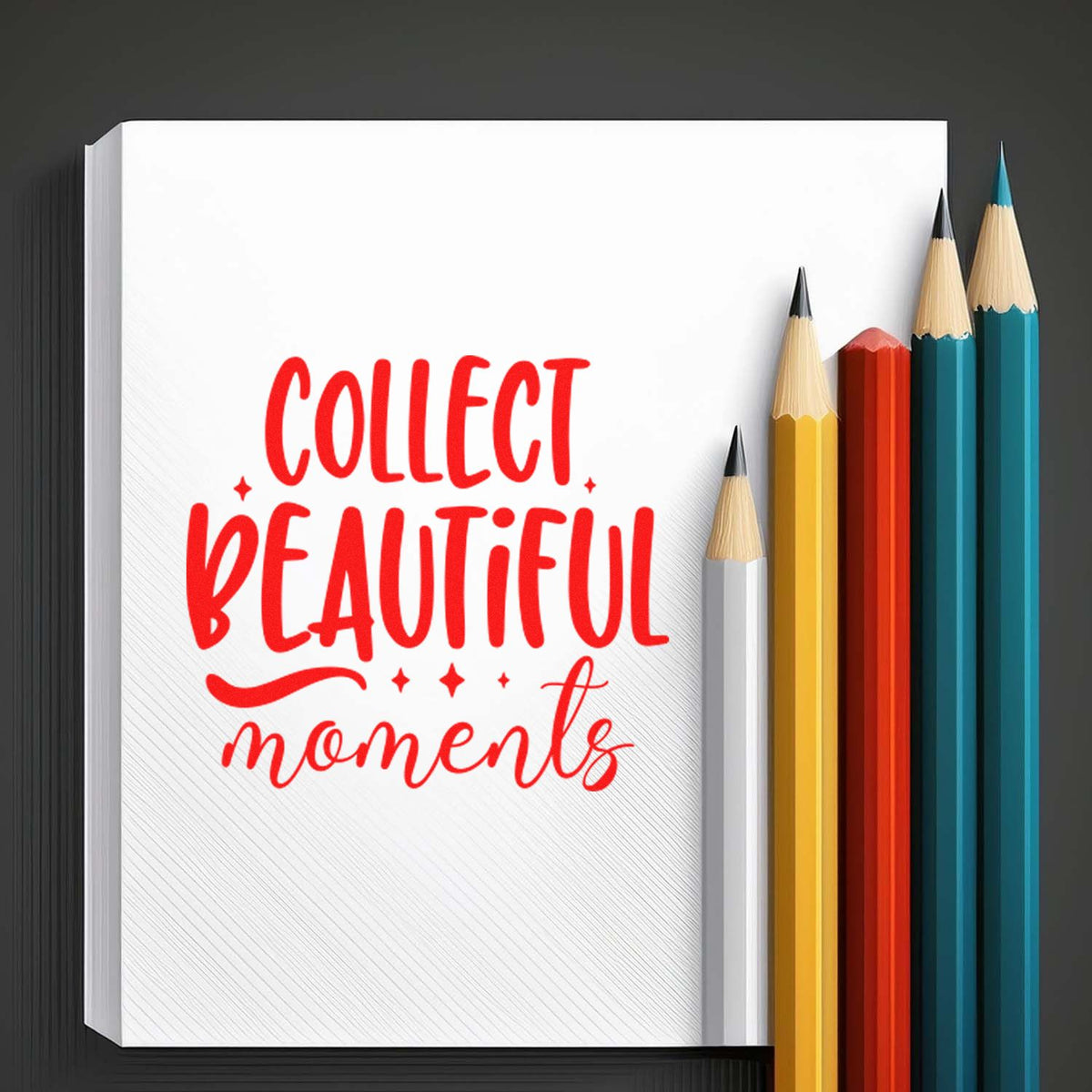 Collect Beautiful Moments rubber stamp design for journals, scrapbooking, and planners with colorful pencils.