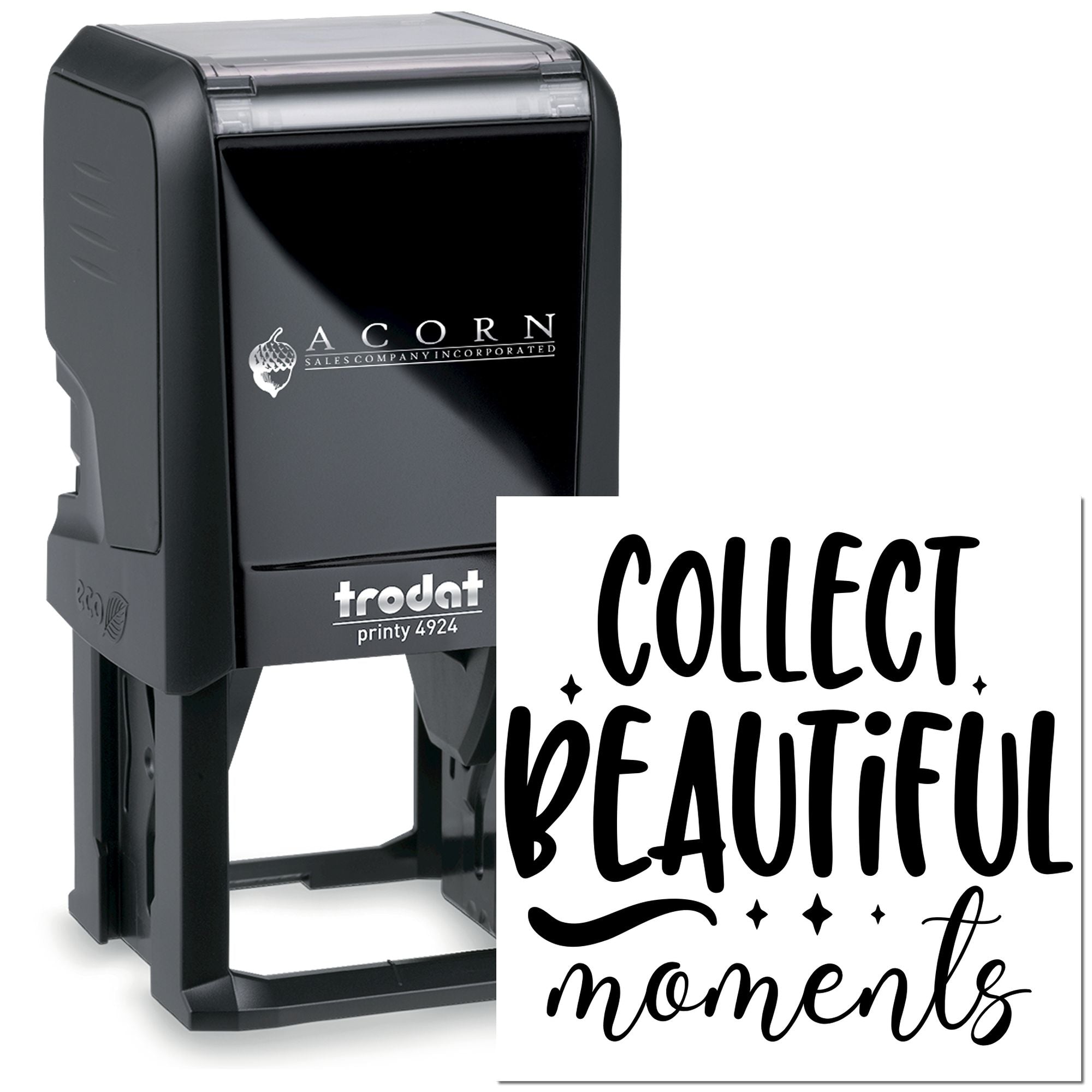 Custom self-inking rubber stamp with Collect Beautiful Moments design for crafts, gifts, and business branding.
