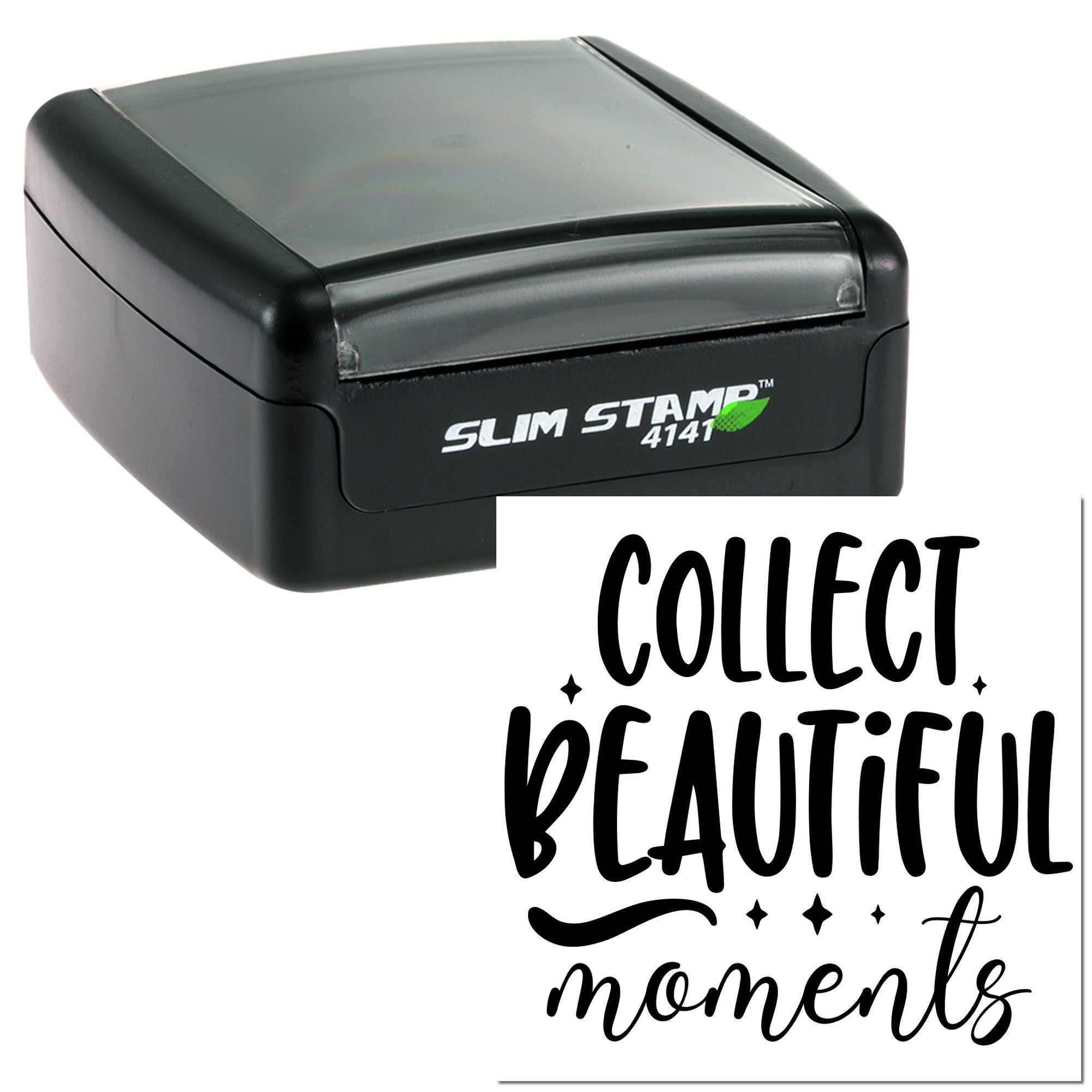 Self-inking rubber stamp with Collect Beautiful Moments design, Slim Stamp 4141 for custom crafting and branding.