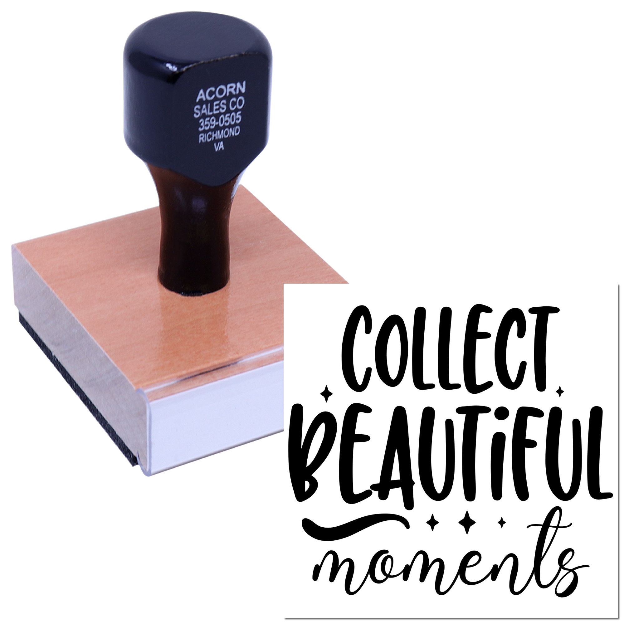 Custom rubber stamp with business address imprint and Collect Beautiful Moments design for branding and craft projects.