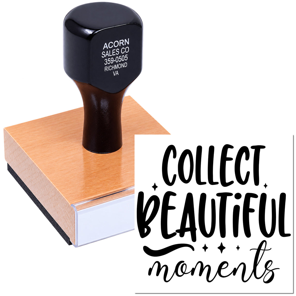 Custom rubber stamp with business address imprint and Collect Beautiful Moments design for branding and craft projects.