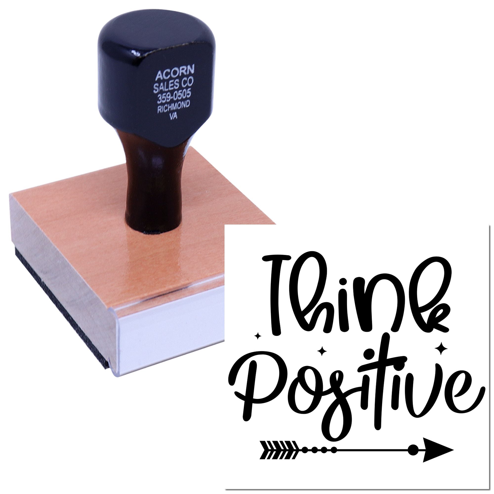 Custom rubber stamp with Think Positive design for motivational crafts, packaging, and business branding.