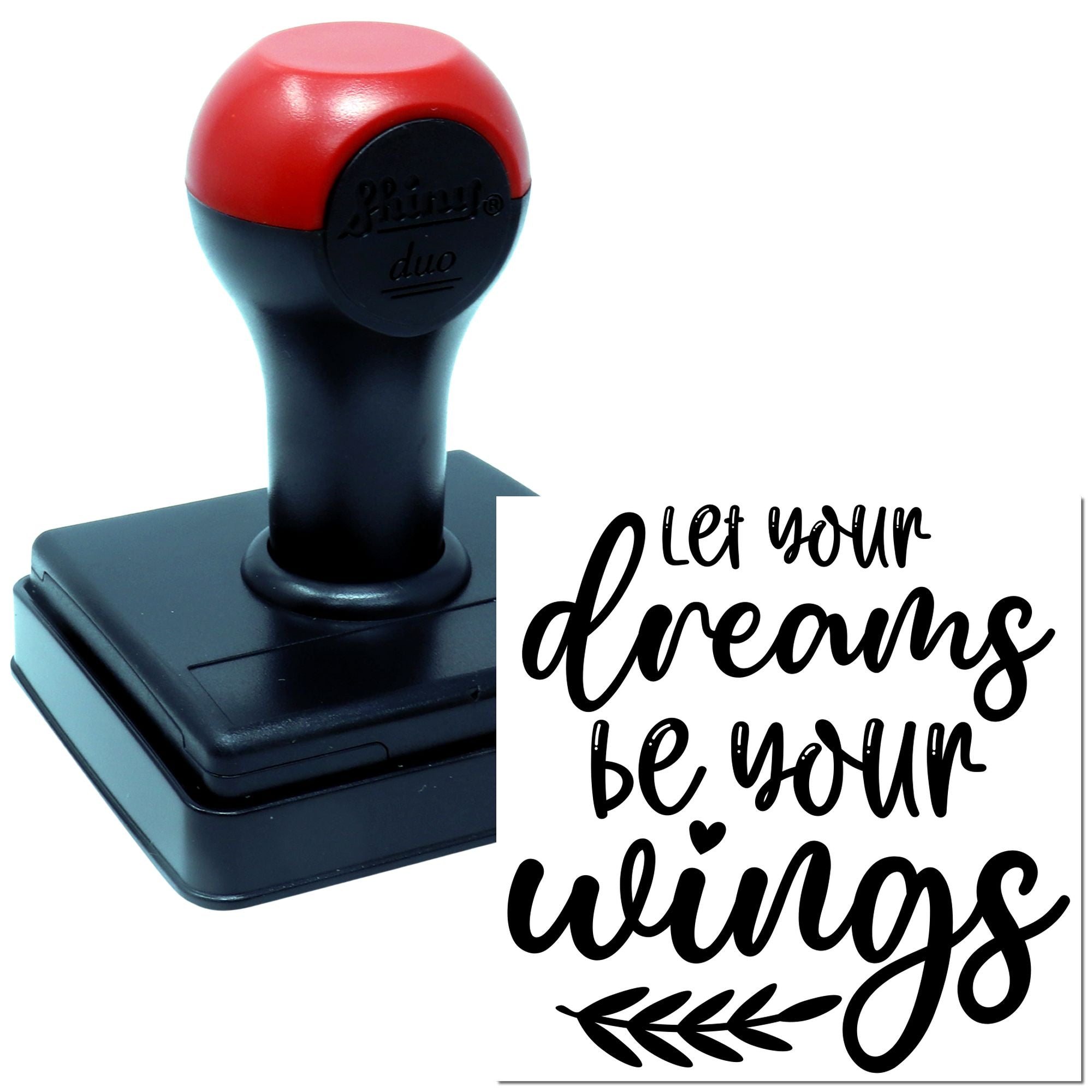 Custom self-inking rubber stamp with inspirational quote Let your dreams be your wings for crafts, planners, and gifts.