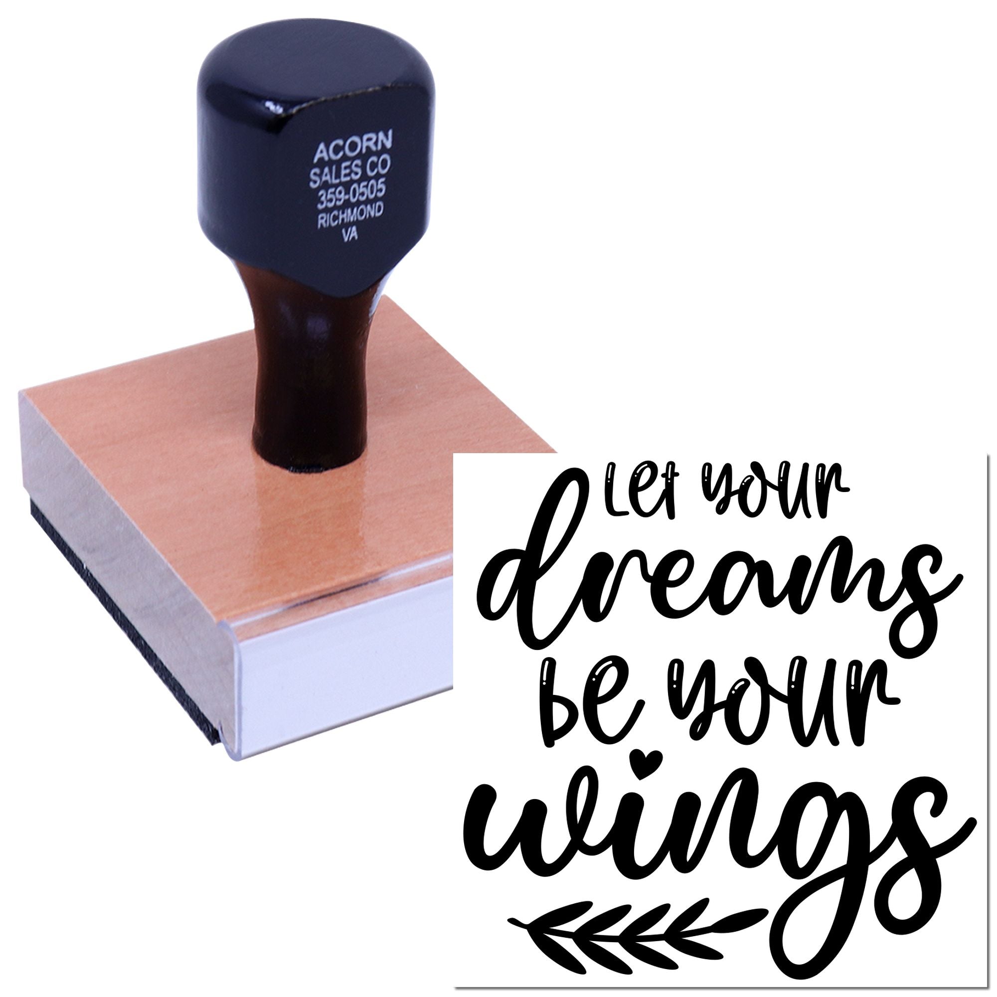 Custom rubber stamp with inspirational quote Let your dreams be your wings for handmade cards, crafts, and branding