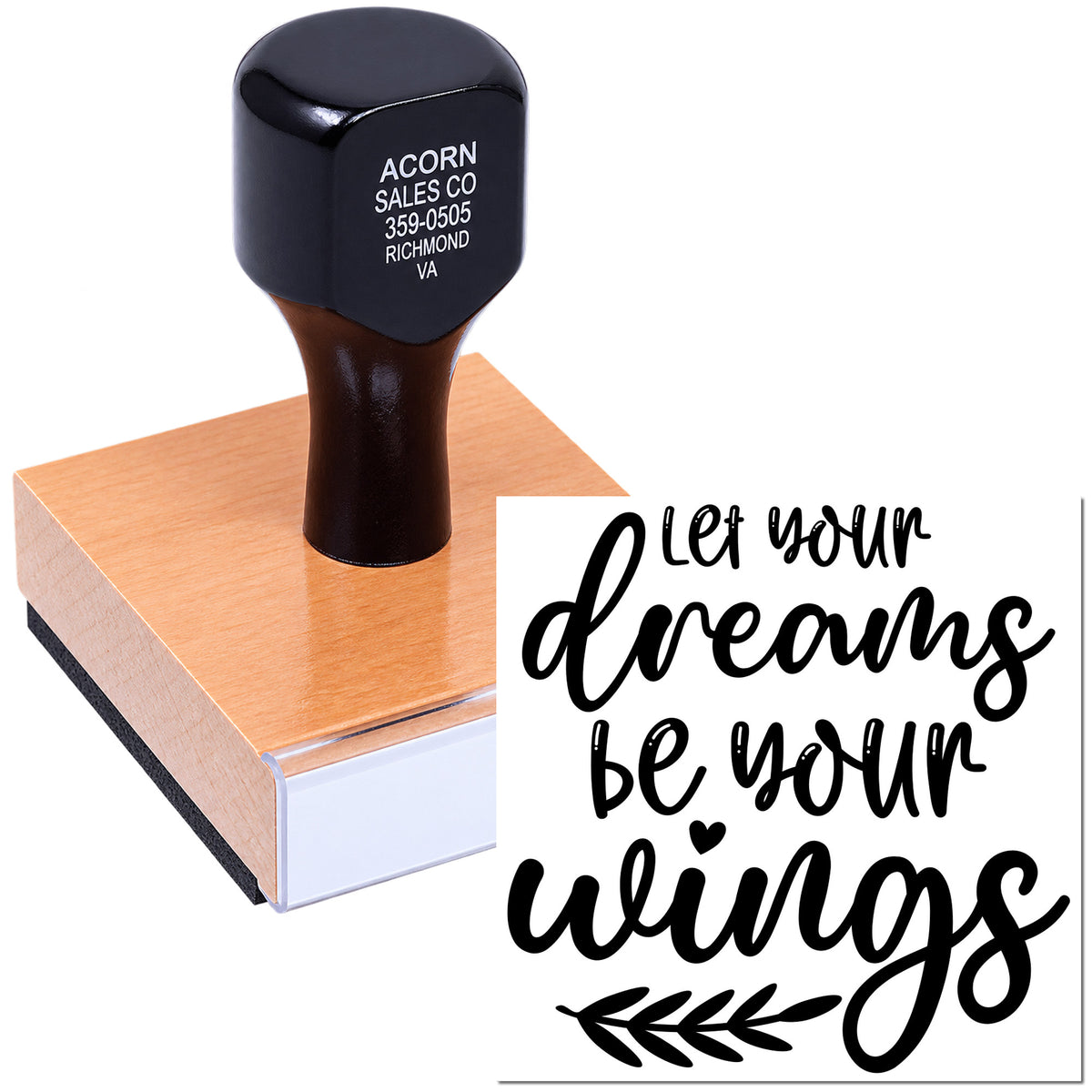 Custom rubber stamp with inspirational quote Let your dreams be your wings for handmade cards, crafts, and branding