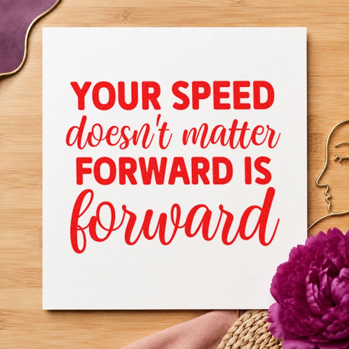 Your Speed Forward Quote craft stamp imprint in red ink on a handmade project, one idea being race plan cards.