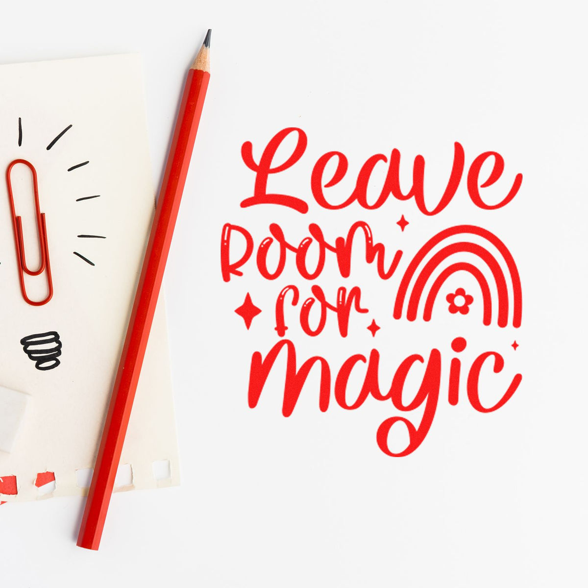Red rubber stamp design reading Leave Room for Magic with rainbow graphic, ideal for stationery and craft projects.