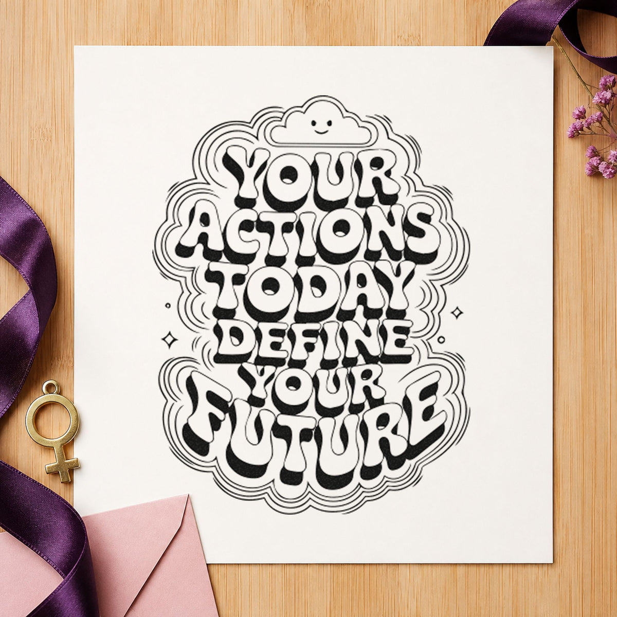 Actions Today Define Future rubber stamp printed in black ink, ready for wavy badge cards and similar paper crafts.