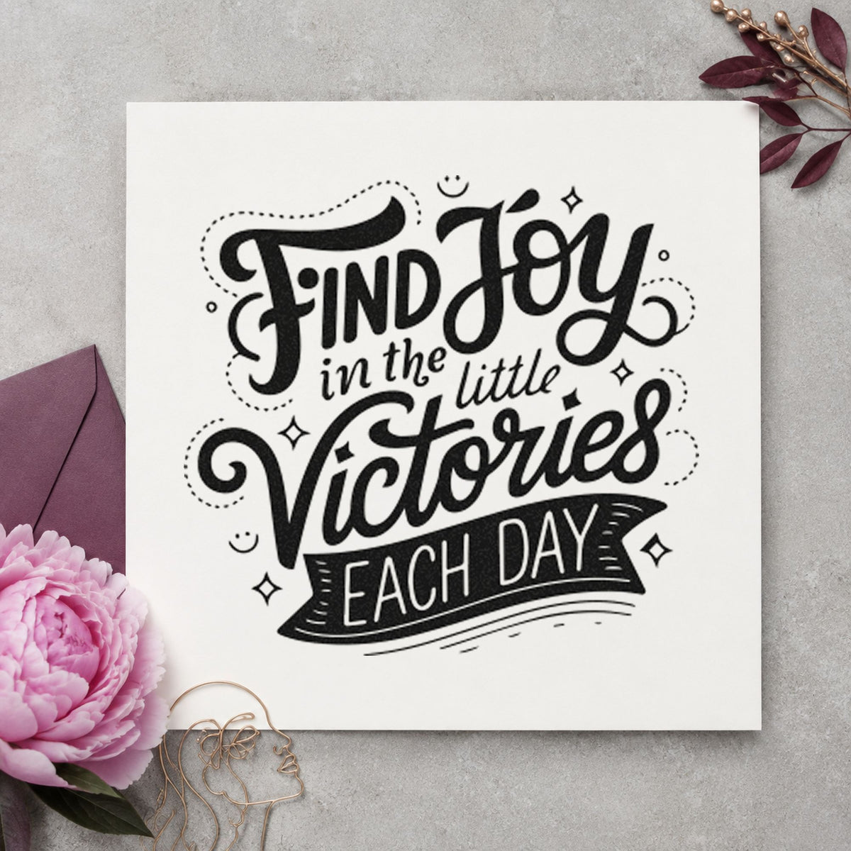 Find Joy Little Victories craft stamp imprint in black ink on a handmade project, one idea being study pack gift tags.