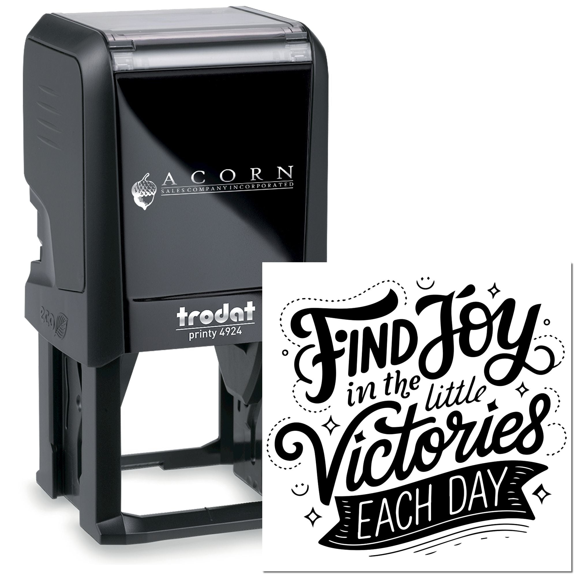 Trodat Printy 4924 self-inking rubber stamp with Find Joy in the Little Victories Each Day quote for inspirational crafting.