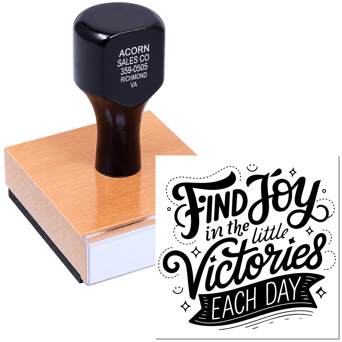 Custom rubber stamp with Find Joy in the Little Victories Each Day quote, ideal for personalized crafts, cards, and stationery.