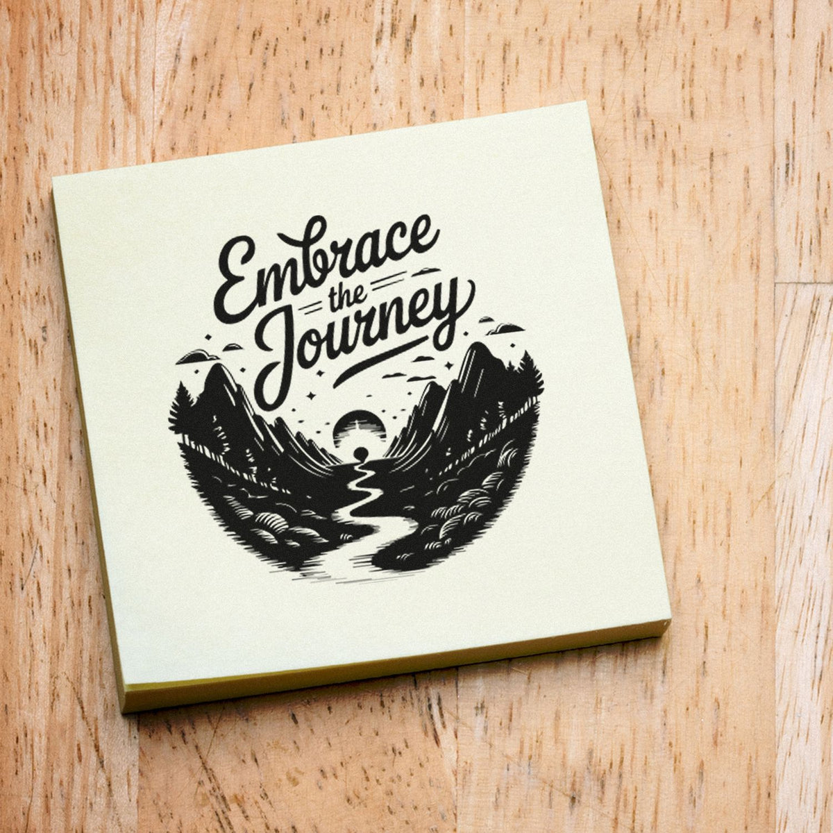 Adventure rubber stamp with Embrace the Journey mountain design for hiking journals, cards, and DIY craft projects.