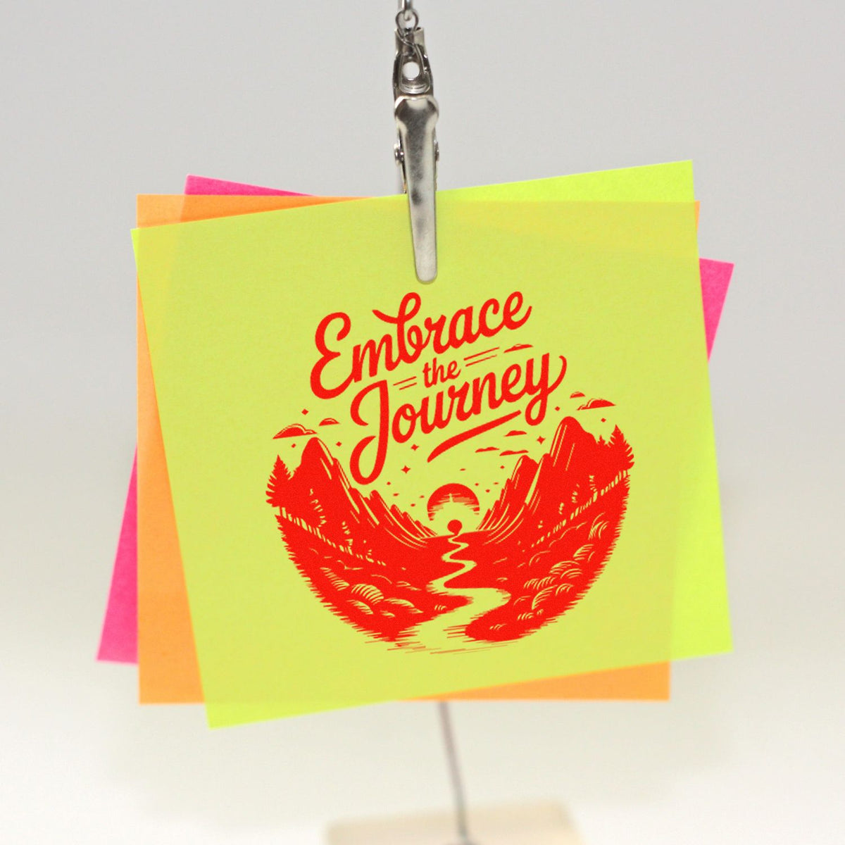 Rubber stamp design with Embrace the Journey mountain graphic on neon sticky notes clipped with a clothespin.