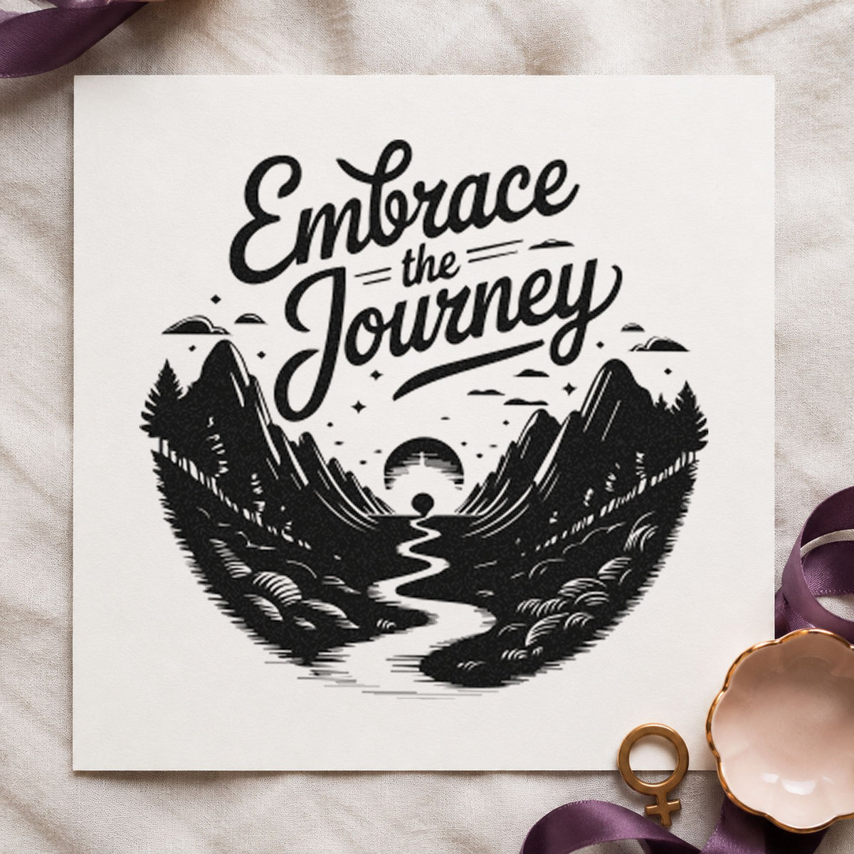 Embrace Journey Mountain Landscape craft stamp imprint in black ink on a handmade project, one idea being badge kit gift tags.